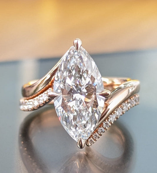 3Ct Marquise Cut Lab Grown Diamond Engagement Ring Set Marquise cut IGI Certified E/F/VS1 Color and Clarity 14k Rose Gold Wave Band Ring Set
