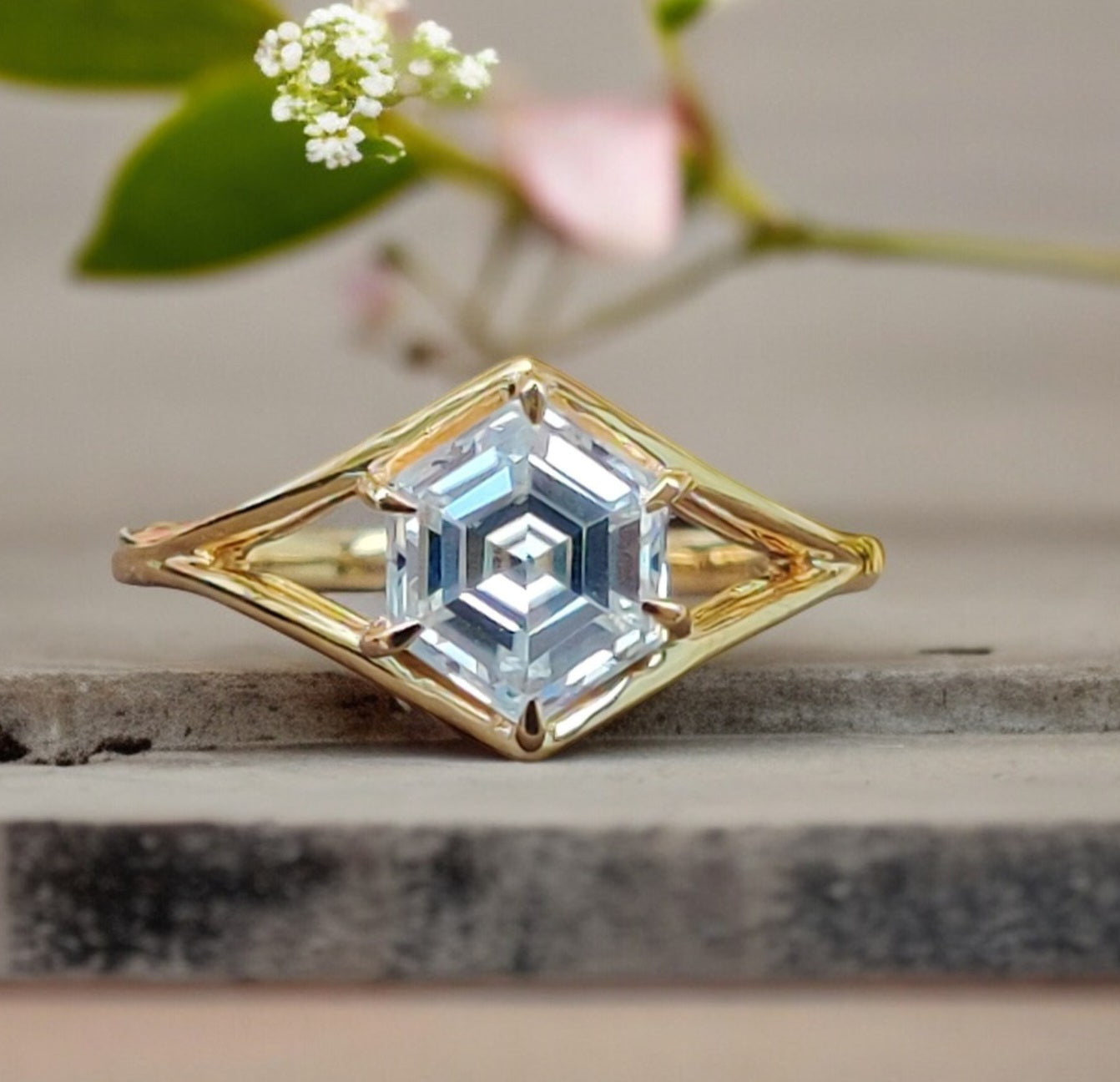Vintage Colorless Moissanite Engagement Ring 1.24 CT Hexagon Cut Six Prong 14K Solid Gold Solitaire
