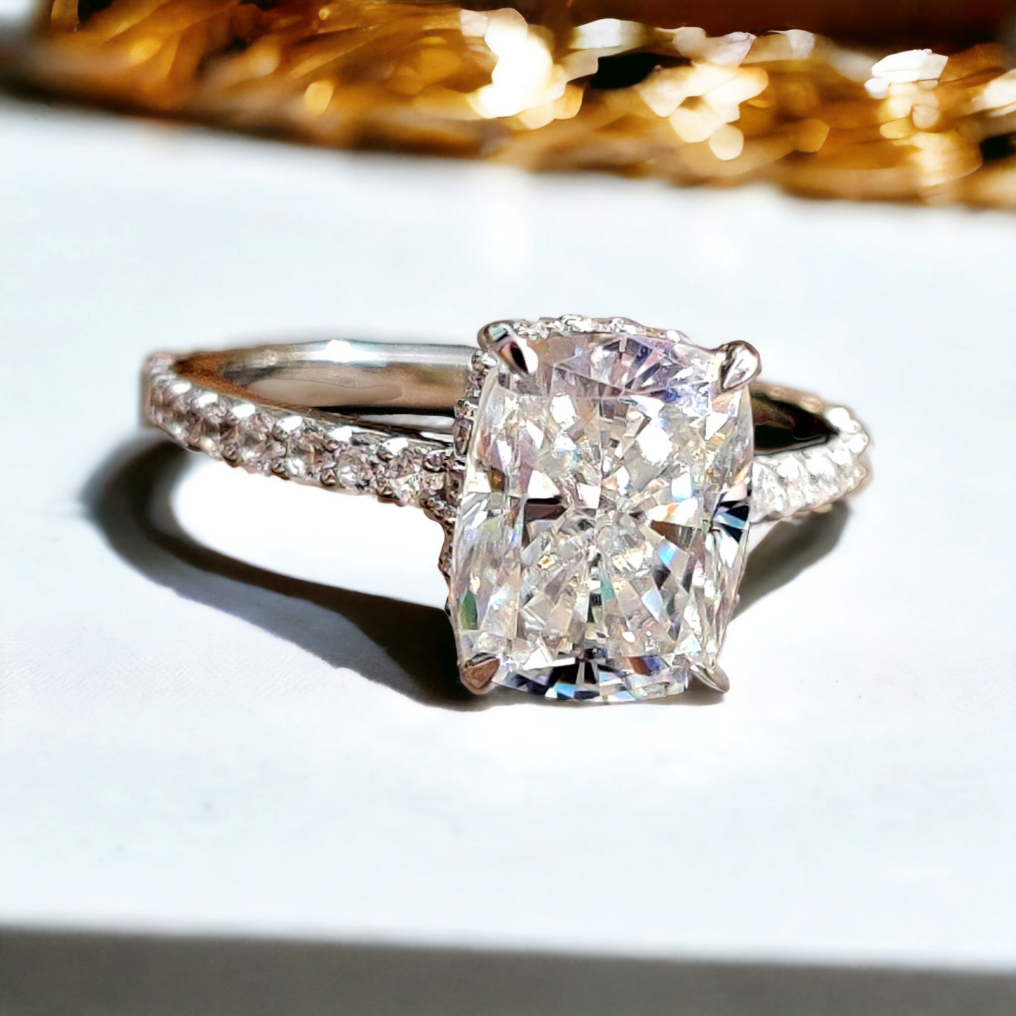 Sparkling Cushion Cut Moissanite, Pave Crown Engagement Ring, Ice Crushed Detail, Exceptional Love Celebration Gift