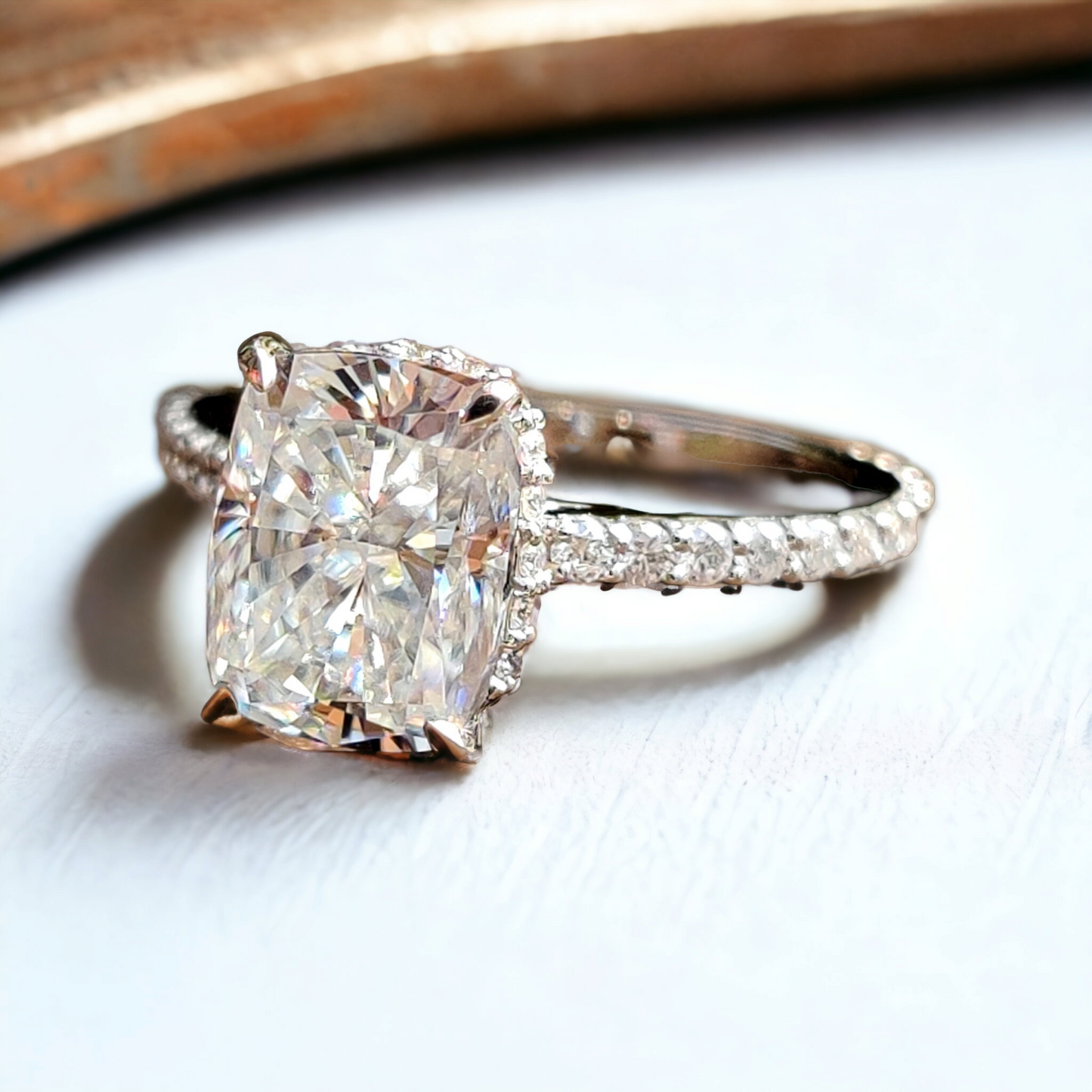 Sparkling Cushion Cut Moissanite, Pave Crown Engagement Ring, Ice Crushed Detail, Exceptional Love Celebration Gift