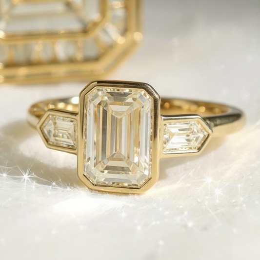 Luxurious Three Stone Moissanite Ring - Emerald & Bullet Cut Diamonds with Bezel Setting, Perfect Engagement or Anniversary Present