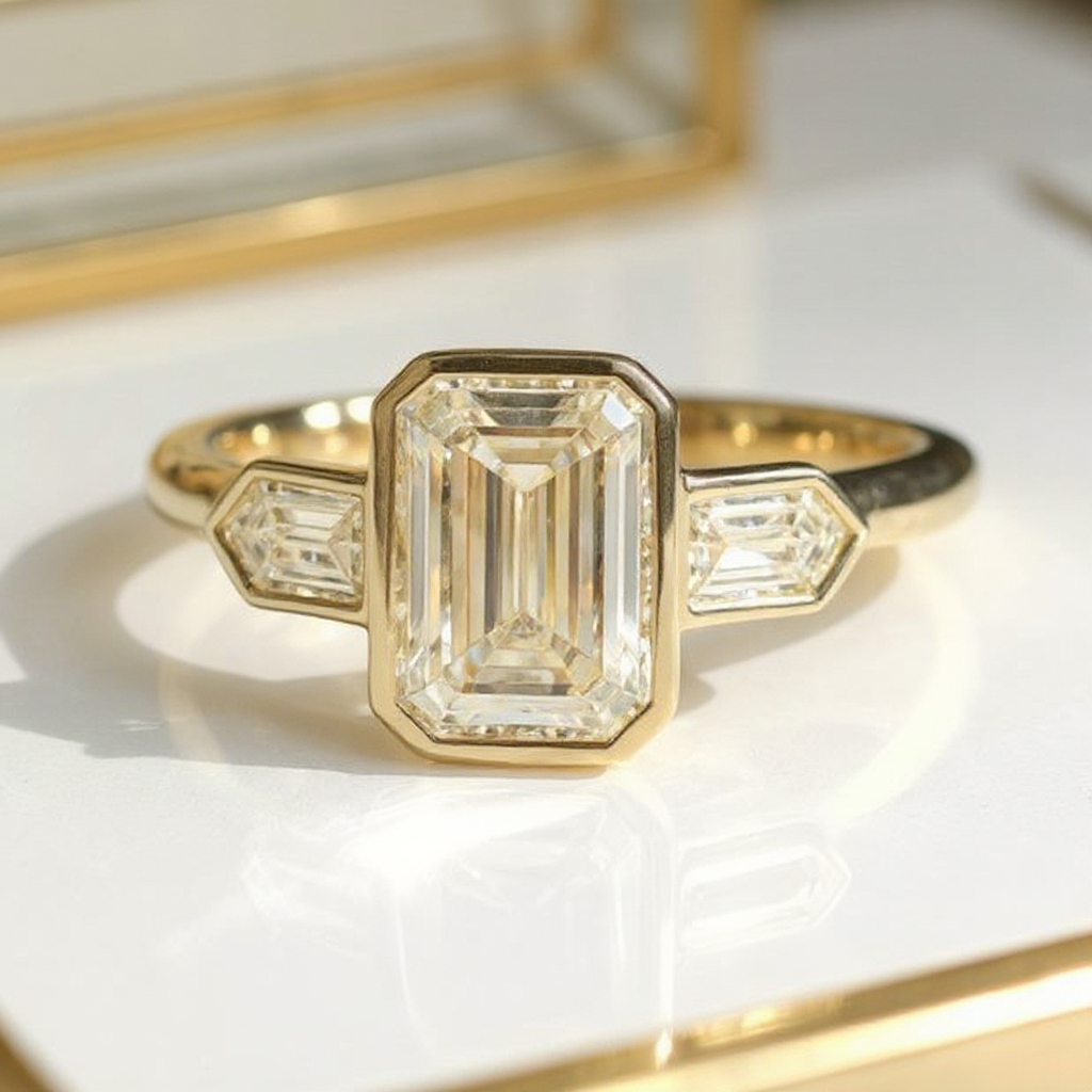 Luxurious Three Stone Moissanite Ring - Emerald & Bullet Cut Diamonds with Bezel Setting, Perfect Engagement or Anniversary Present