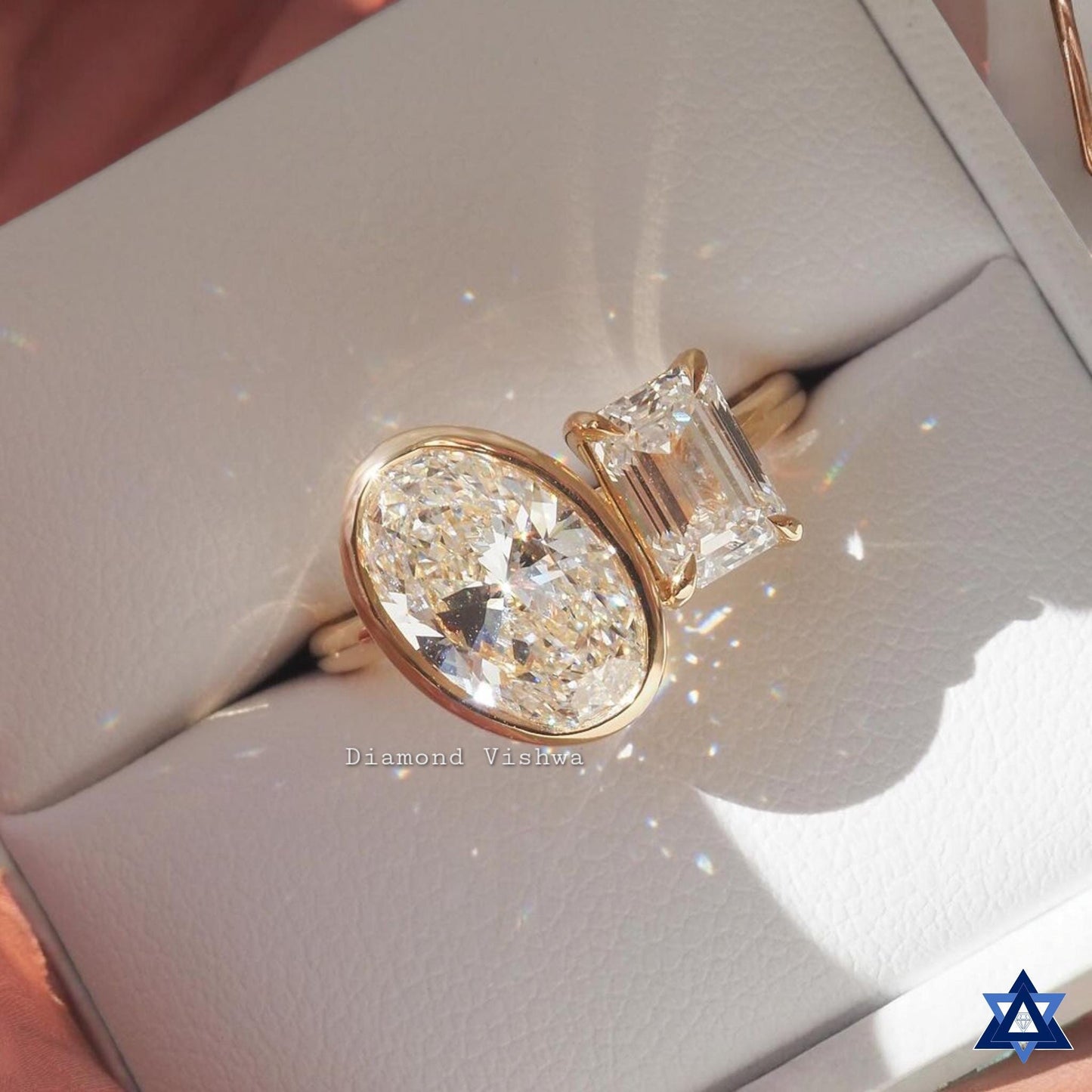Toi Et Moi Ring 2.96 TW Oval and Emerald Moissanite Two Stone Engagement Ring Perfect Wedding or Anniversary Gifts