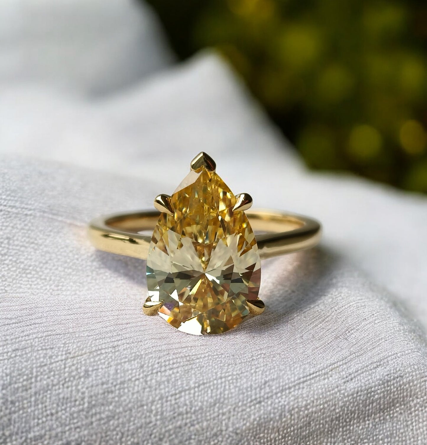 2 Carat Pear Cut Yellow Standard CZ Diamond Engagement Ring |Cathedral Style | Classic 3 Prong Solitaire | Anniversary Gift