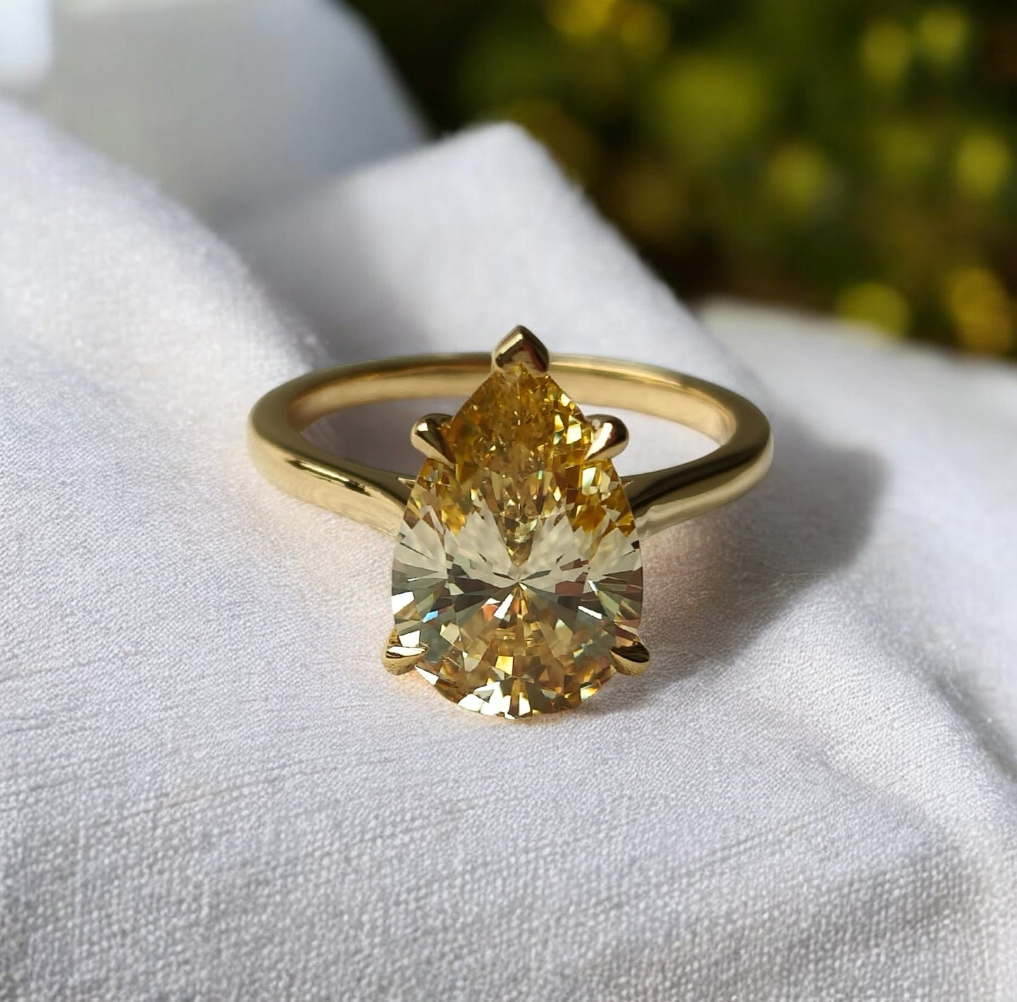 2 Carat Pear Cut Yellow Standard CZ Diamond Engagement Ring |Cathedral Style | Classic 3 Prong Solitaire | Anniversary Gift