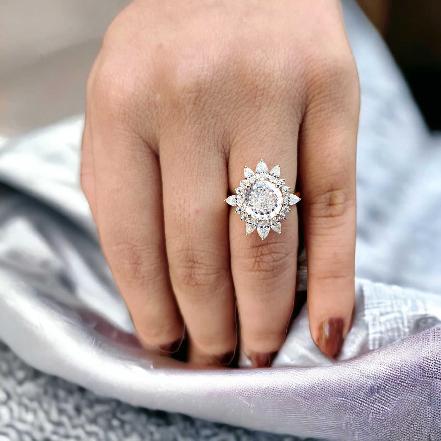 Exquisite Vintage Style Lab Grown Engagement Ring: Portuguese Cut with Snowflake Halo - Handcrafted Wedding Band, Perfect Anniversary Gift for Her, IGI Certified