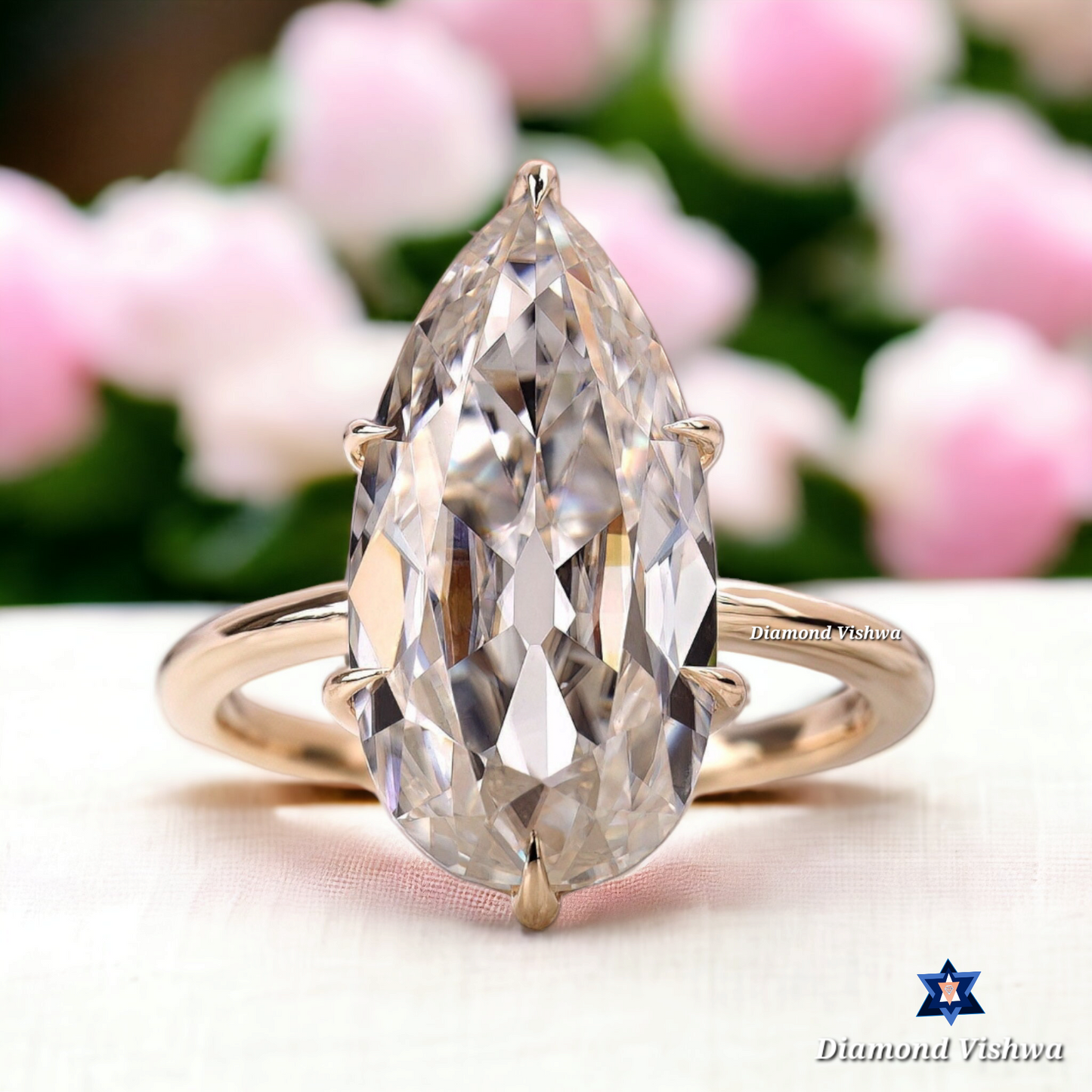 6.1ct Pear Moissanite Engagement Ring - Vintage Old Mine Cut Solitaire | Unique Solid Gold Pear Shaped Statement Ring | Large Classic Gemstone Anniversary Gift for Her