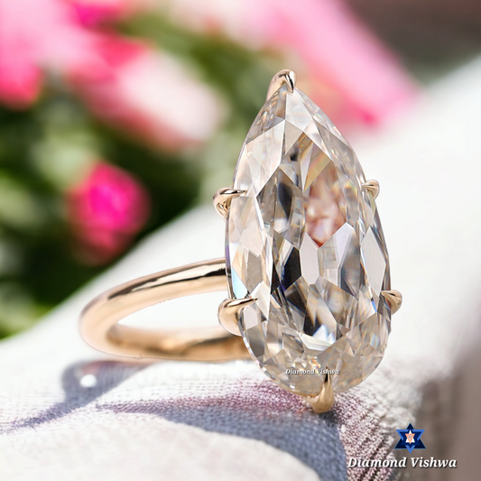 6.1ct Pear Moissanite Engagement Ring - Vintage Old Mine Cut Solitaire | Unique Solid Gold Pear Shaped Statement Ring | Large Classic Gemstone Anniversary Gift for Her