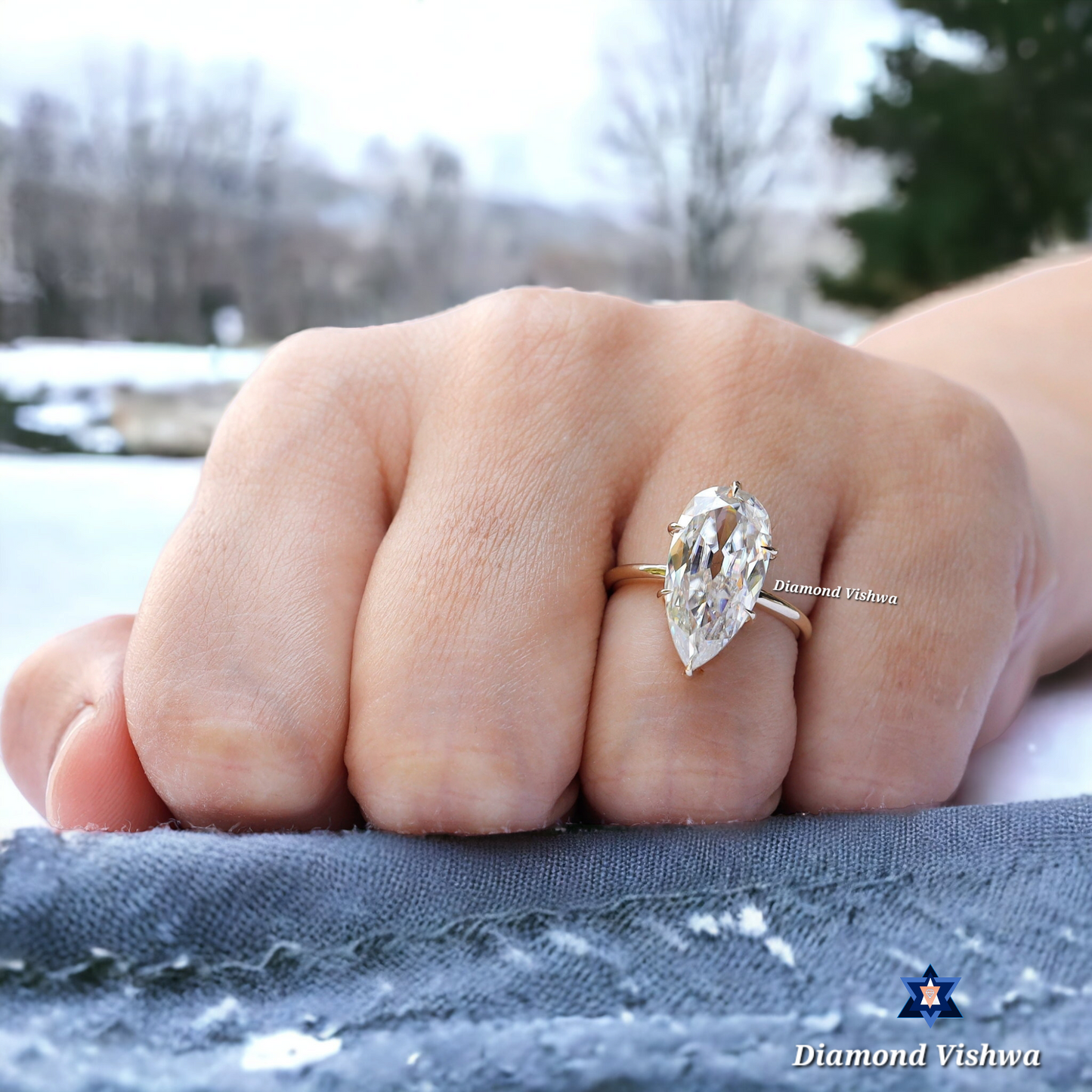 6.1ct Pear Moissanite Engagement Ring - Vintage Old Mine Cut Solitaire | Unique Solid Gold Pear Shaped Statement Ring | Large Classic Gemstone Anniversary Gift for Her