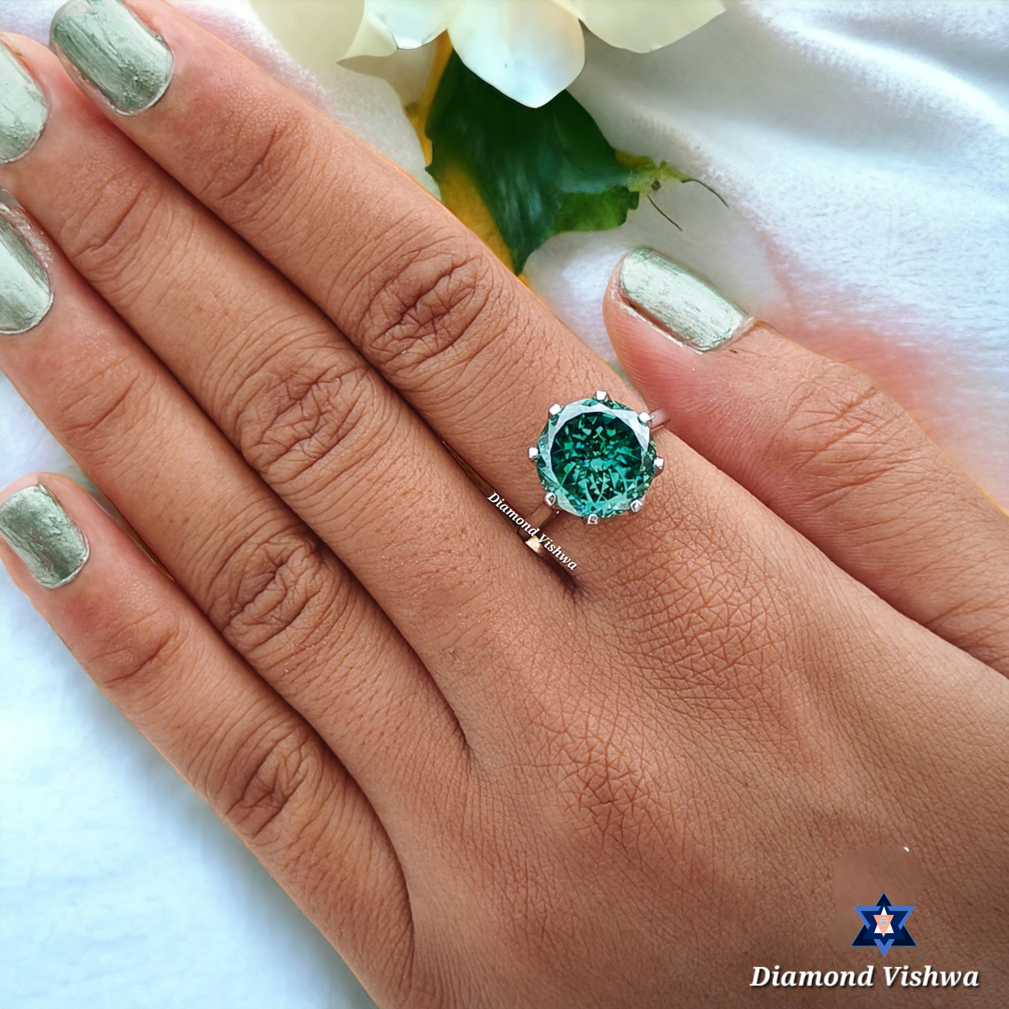 Antique Portuguese Cut Green Moissanite Solitaire Engagement Ring - 8 Prong Wedding/Anniversary Band for Her