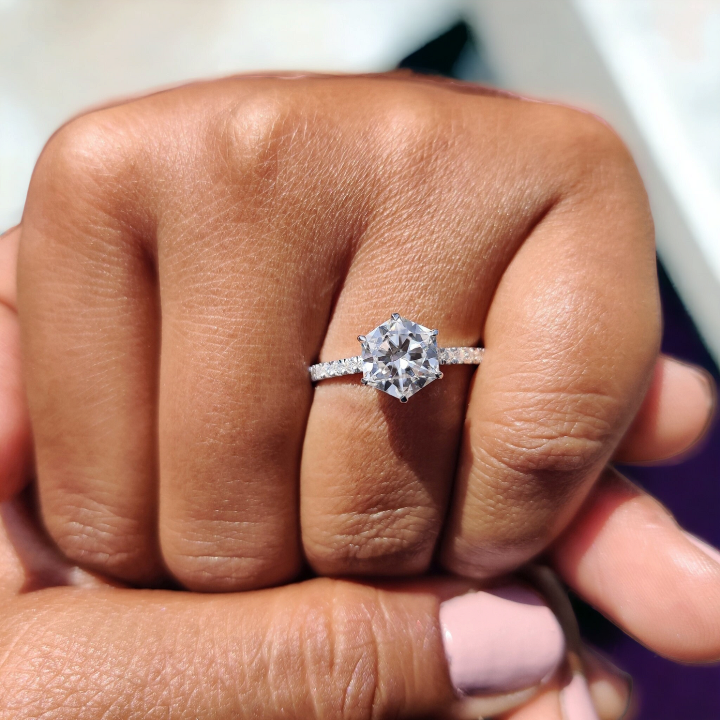 Hexagon Cut Engagement Ring - Antique Lab Grown Diamond with Hidden Halo, Unique Wedding Ring for Bridal Gift