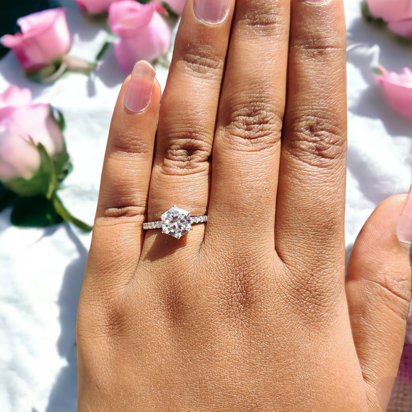 Hexagon Cut Engagement Ring - Antique Lab Grown Diamond with Hidden Halo, Unique Wedding Ring for Bridal Gift