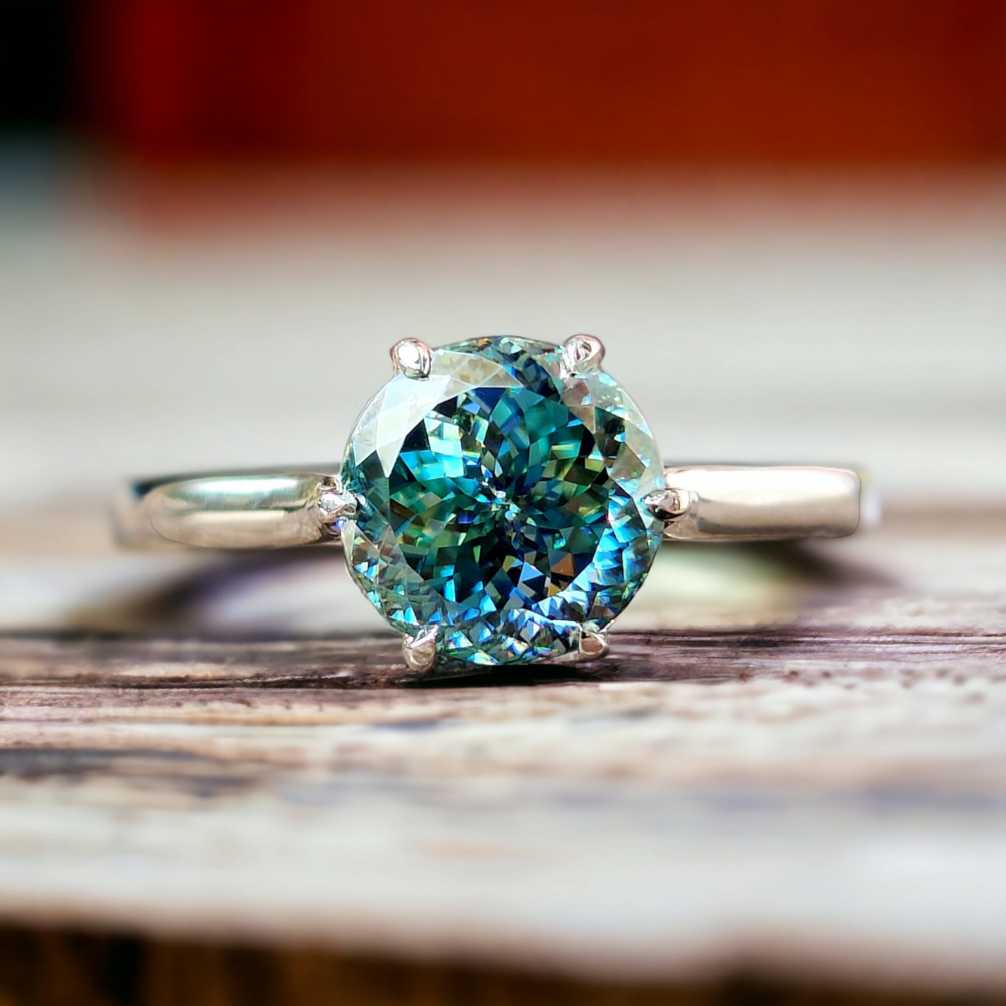 Cyan Blue Moissanite Ring - Portuguese Cut Solitaire, Engagement Ring, Perfect Proposal Gift