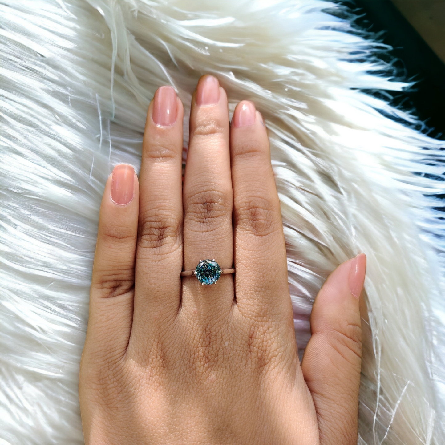 Cyan Blue Moissanite Ring - Portuguese Cut Solitaire, Engagement Ring, Perfect Proposal Gift