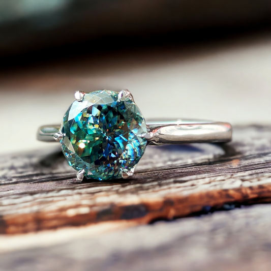 Cyan Blue Moissanite Ring - Portuguese Cut Solitaire, Engagement Ring, Perfect Proposal Gift