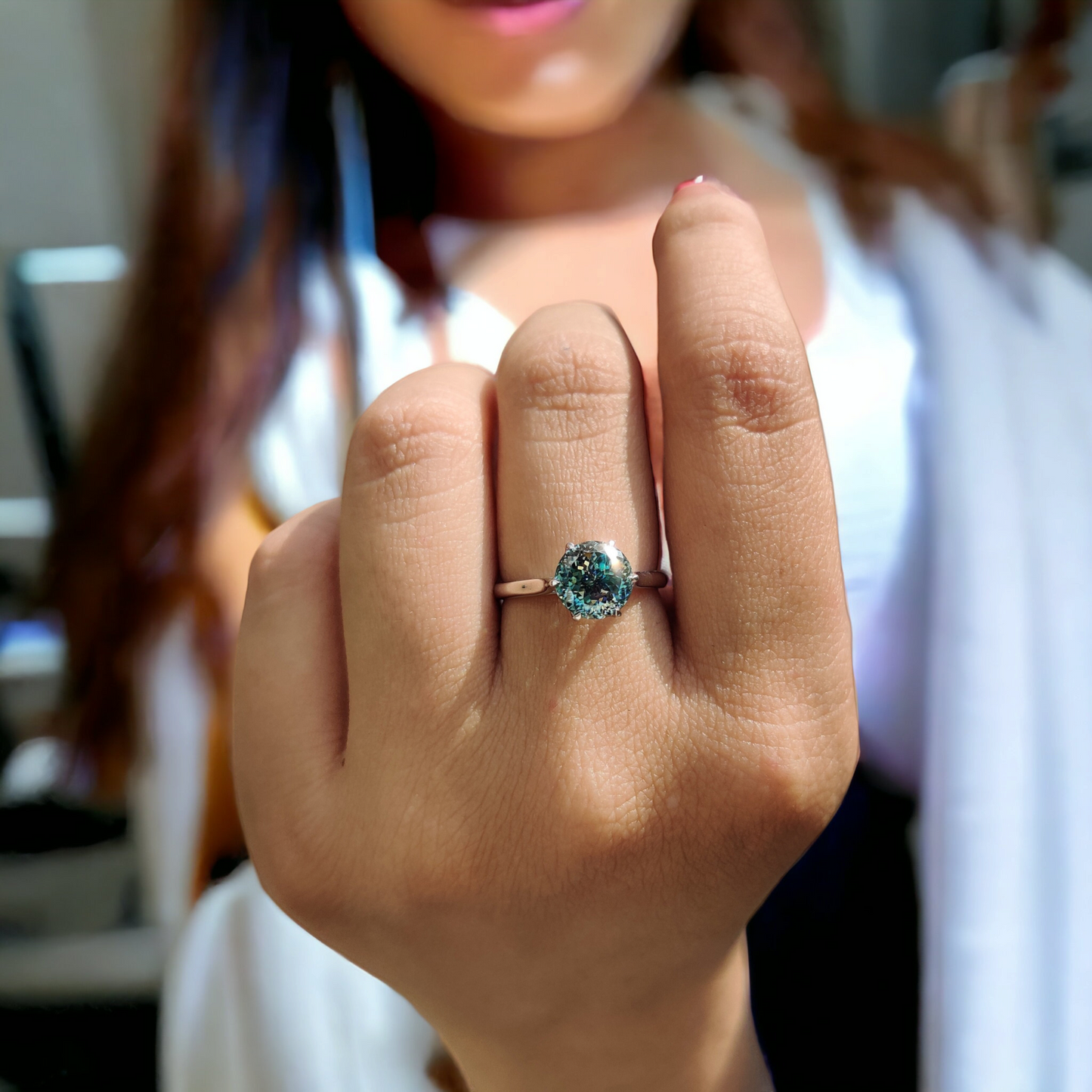 Cyan Blue Moissanite Ring - Portuguese Cut Solitaire, Engagement Ring, Perfect Proposal Gift