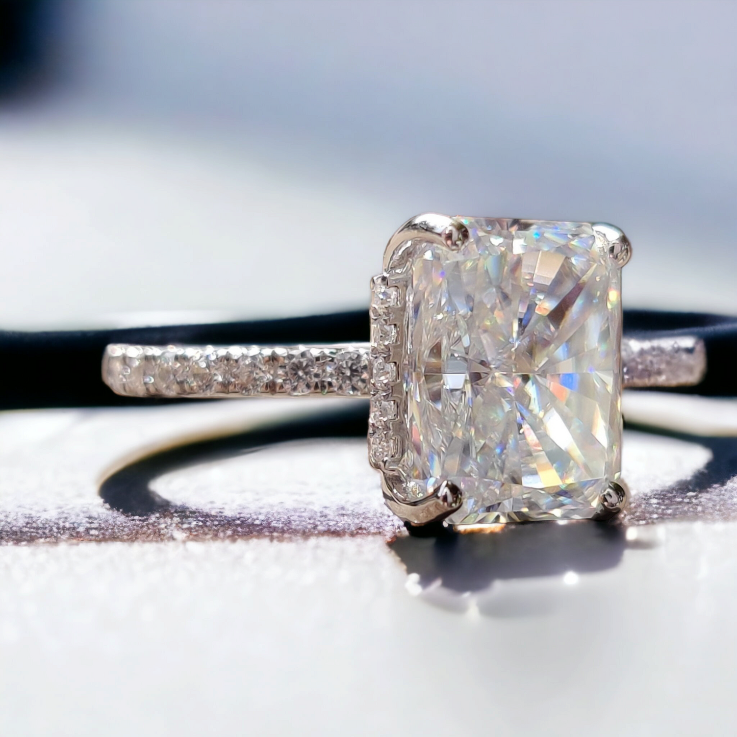 Radiant Cut Lab Grown Engagement Ring, Pave band And prong Setting, Perfect Proposal or Anniversary Gift