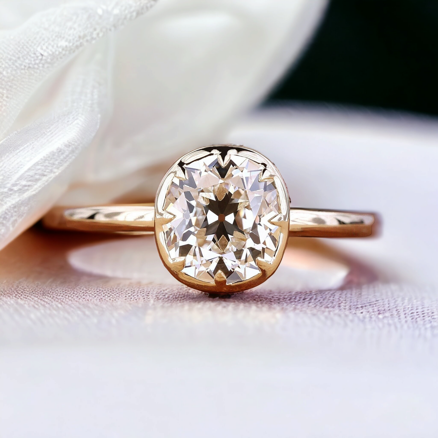 Vintage Cushion Cut Bezel Set Diamond Engagement Ring with Old Mine Cut