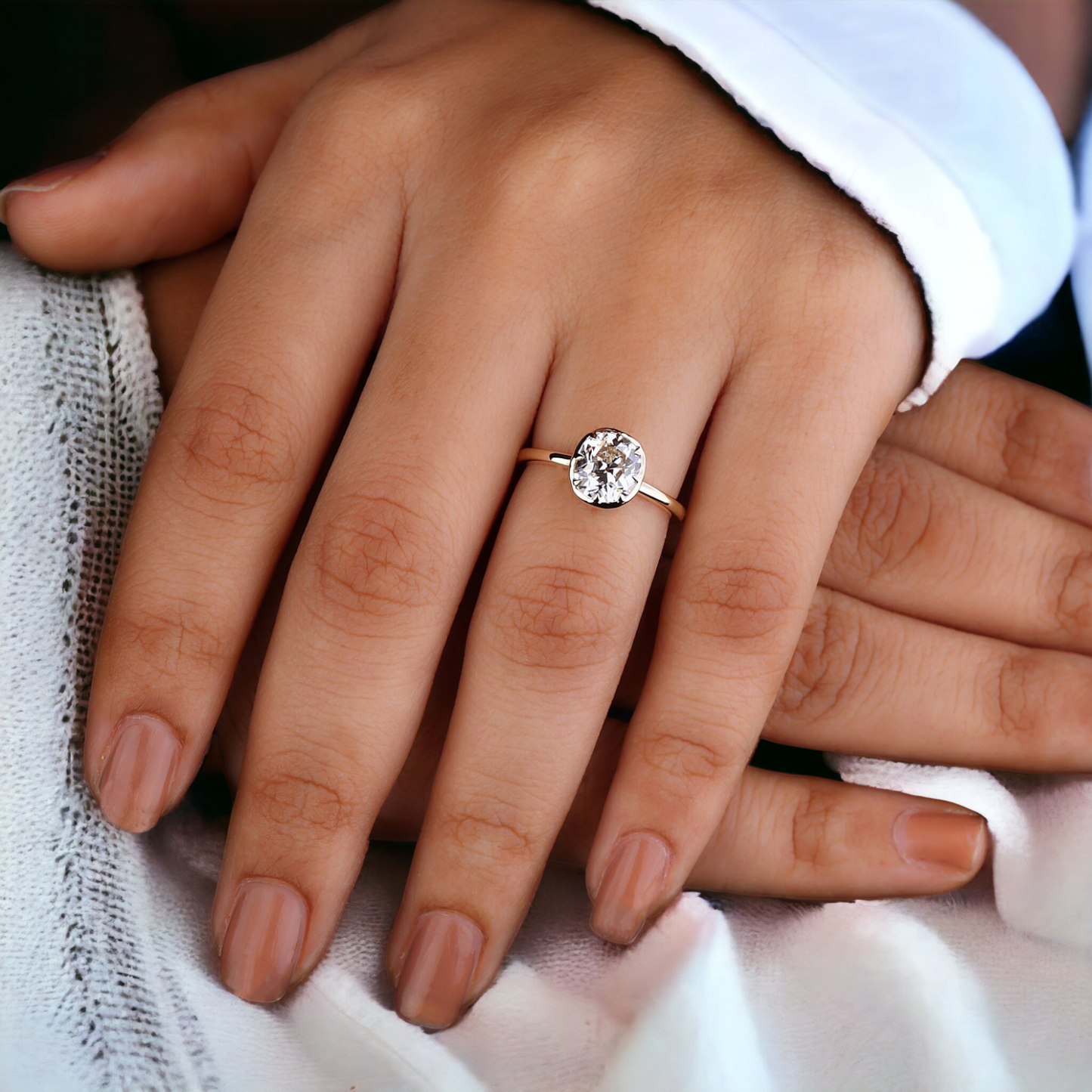 Vintage Cushion Cut Bezel Set Diamond Engagement Ring with Old Mine Cut