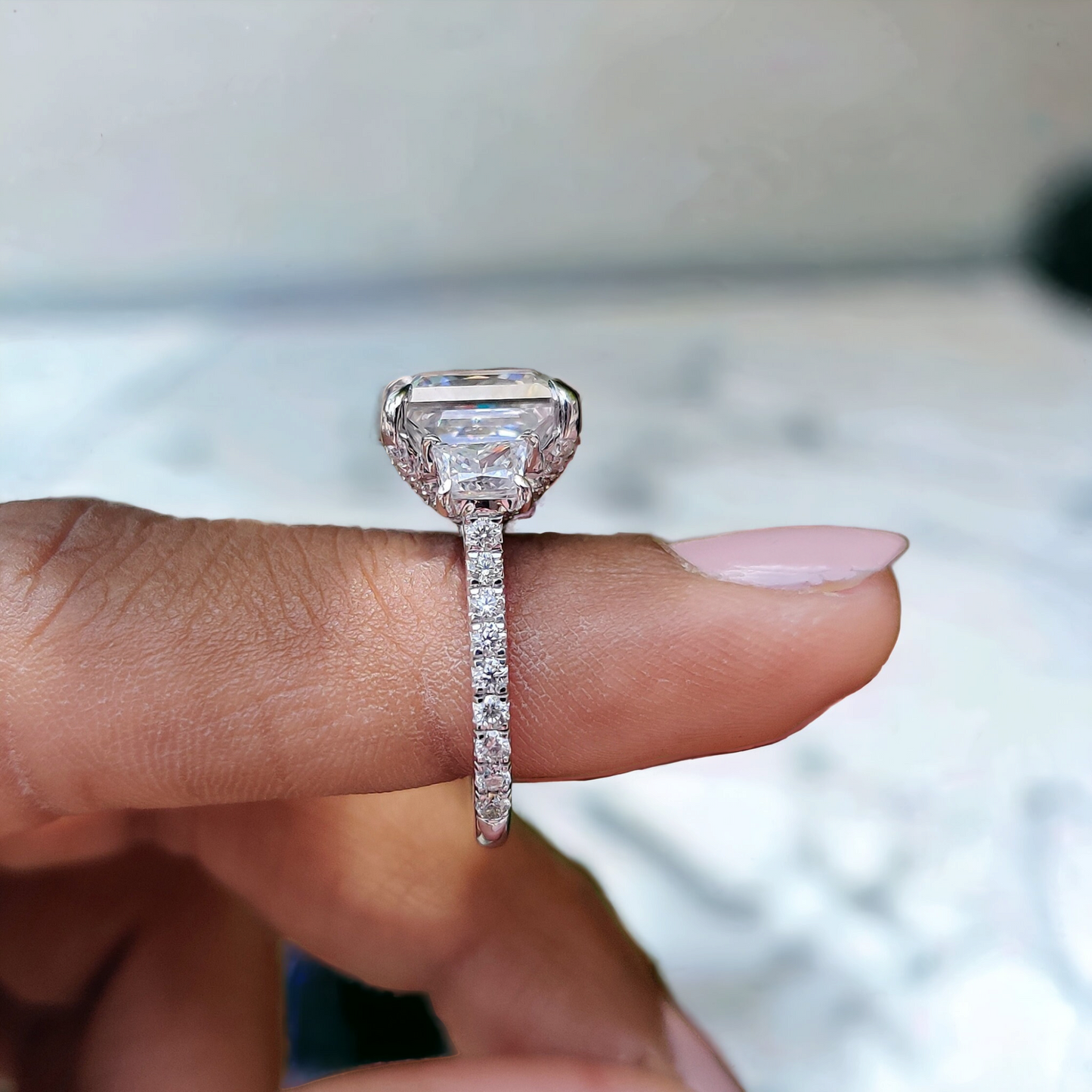 Princess Cut Moissanite Engagement Ring, Crushed Ice Three Stone, Antique Wedding Ring, Romantic Gift for Her