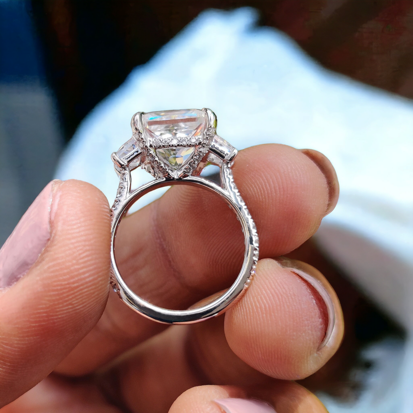 Princess Cut Moissanite Engagement Ring, Crushed Ice Three Stone, Antique Wedding Ring, Romantic Gift for Her