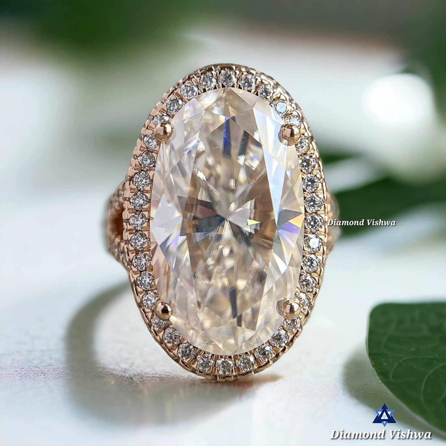 Oval Moissanite Halo Engagement Ring - Yellow Gold Anniversary Ring, Anniversary/Gift Ring for Her