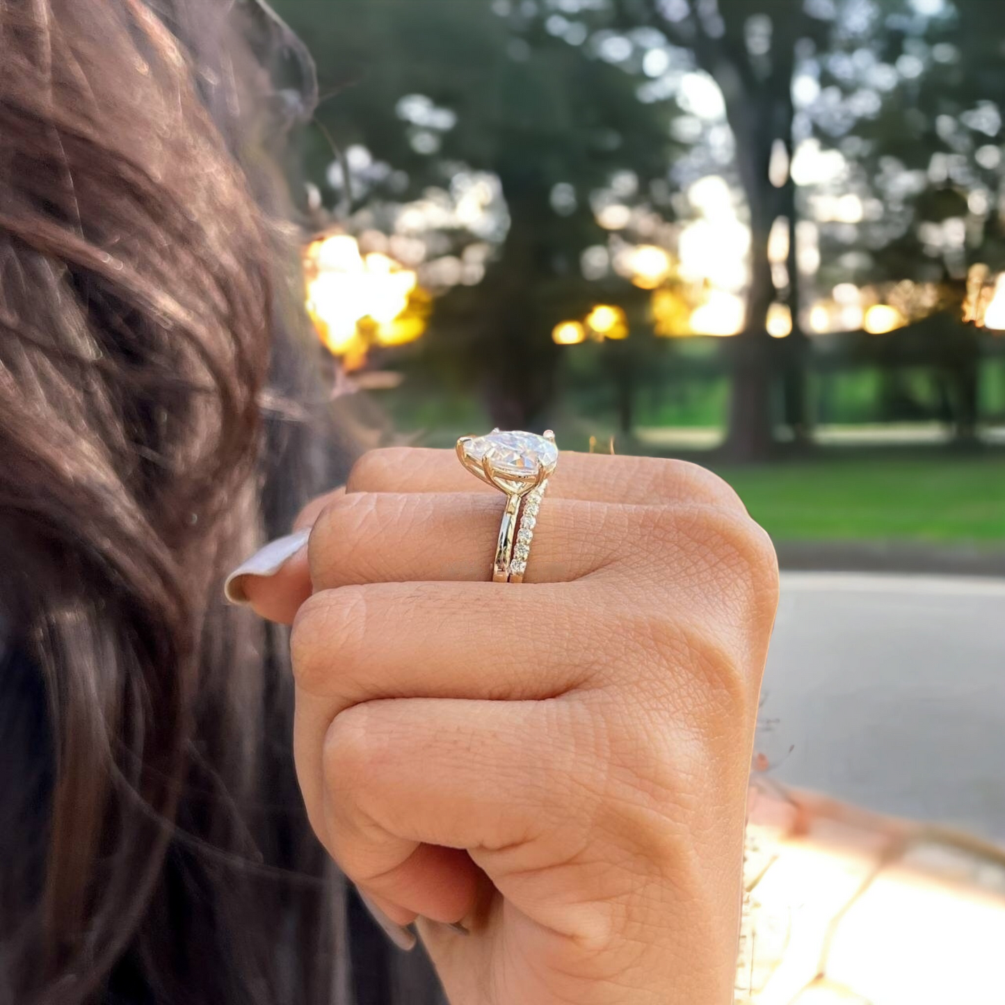 Elegant Pear Cut Solitaire Diamond Ring - Lab Grown with Half Eternity Band, Perfect Engagement or Anniversary Gift