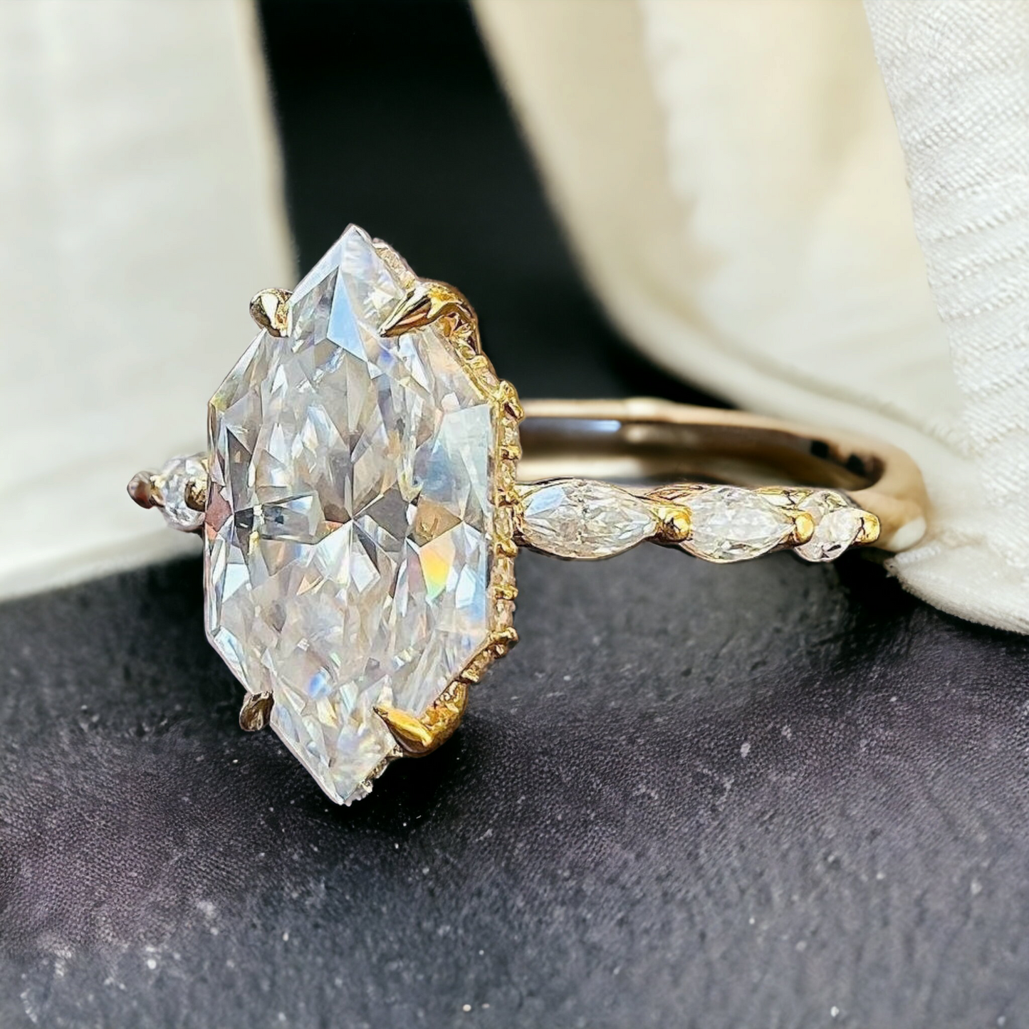 Dutch Marquise Moissanite Diamond Ring, Elegant Hidden Halo with Accent Stones, Perfect Engagement Proposal Gift