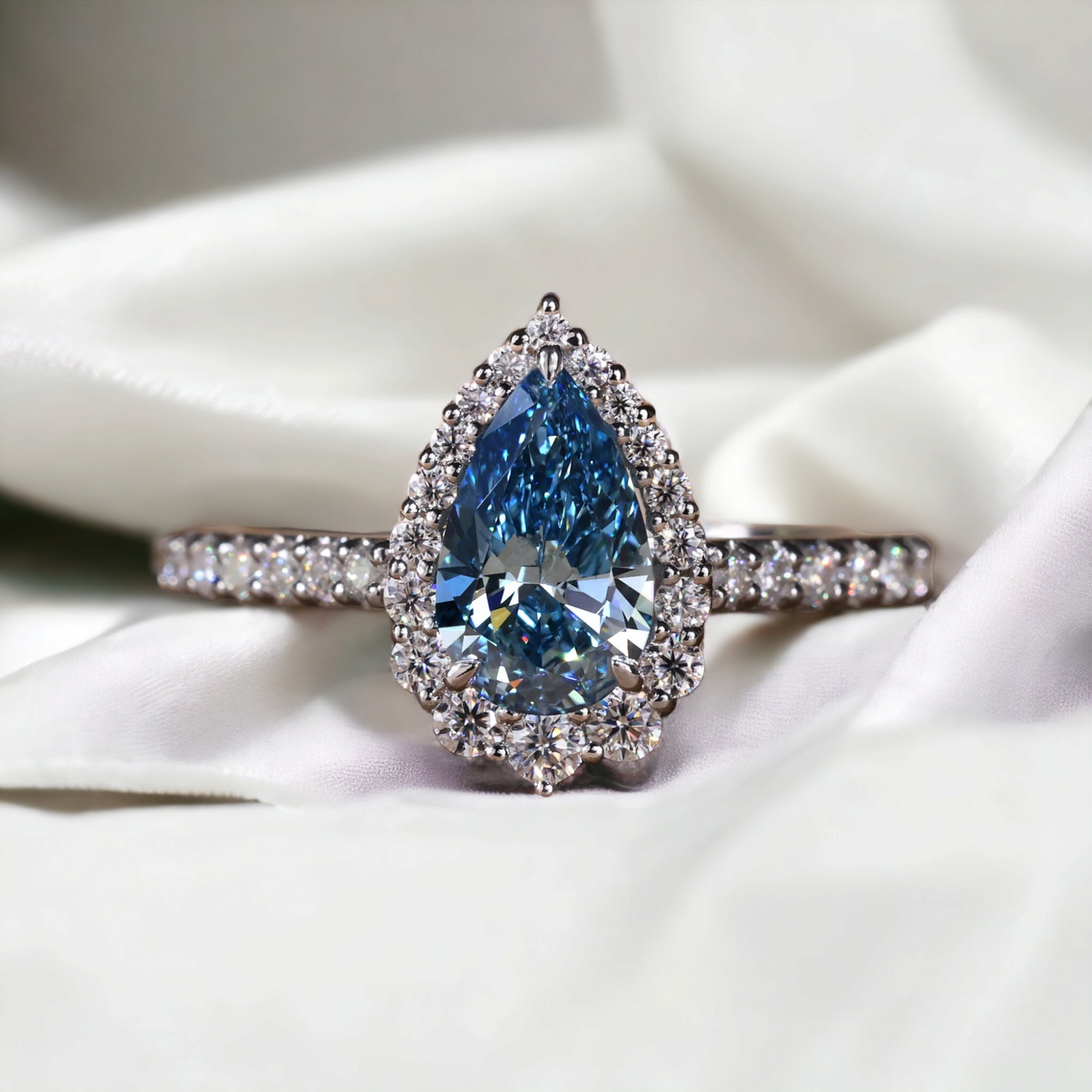 Pear Moissanite Blue Diamond Engagement Ring, Design for Women, Anniversary Wedding Ring