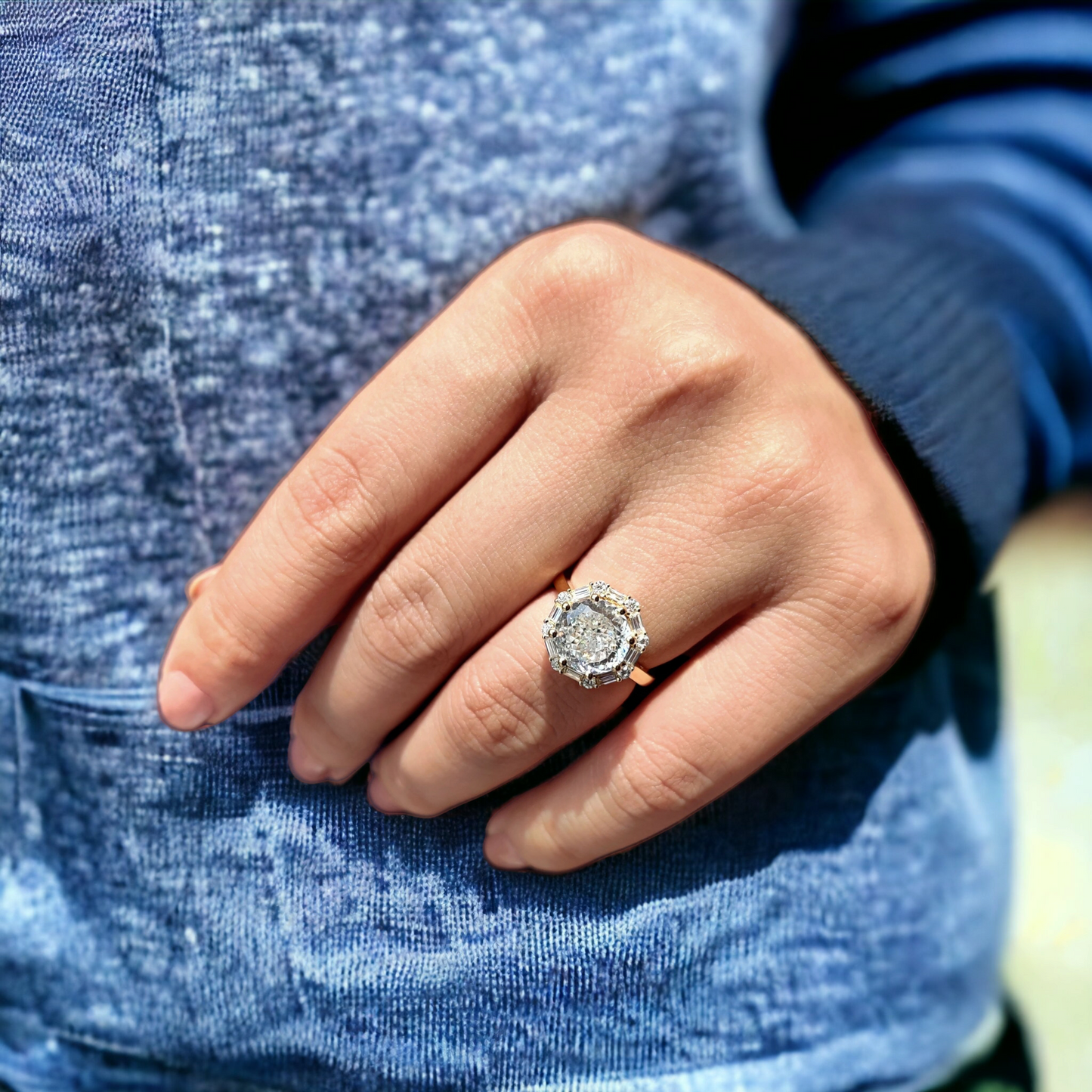 Vintage Style Engagement Ring, Portuguese Cut Moissanite Halo Ring, Baguette and Round Cut Halo Ring