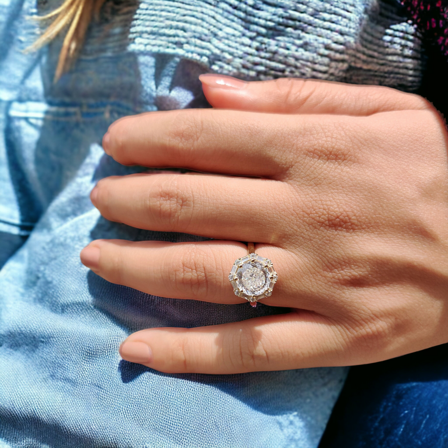 Vintage Style Engagement Ring, Portuguese Cut Moissanite Halo Ring, Baguette and Round Cut Halo Ring