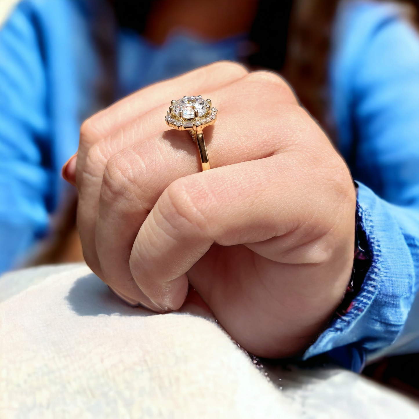 Vintage Style Engagement Ring, Portuguese Cut Moissanite Halo Ring, Baguette and Round Cut Halo Ring