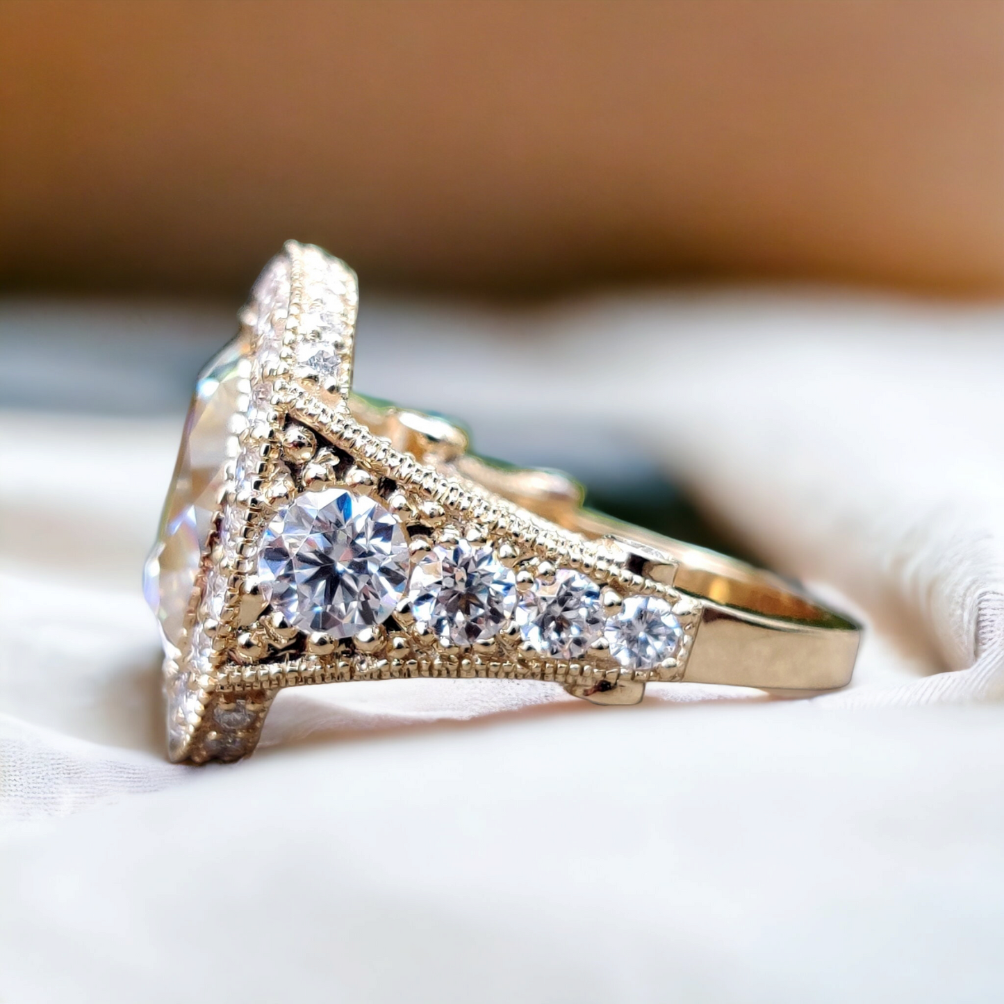 Vintage Halo Diamond Engagement Ring with Antique Cushion Cut and Crushed Ice Finish, Moissanite Ring