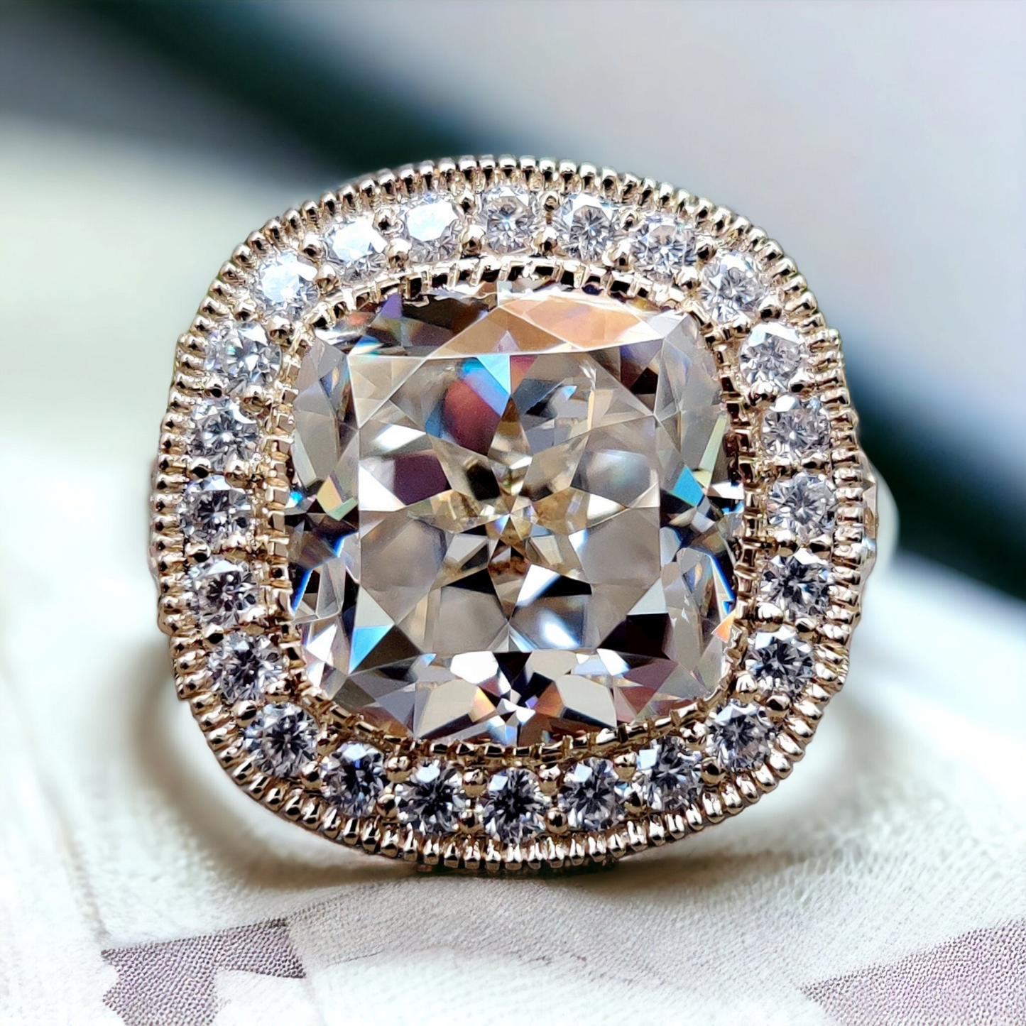 Vintage Halo Diamond Engagement Ring with Antique Cushion Cut and Crushed Ice Finish, Moissanite Ring