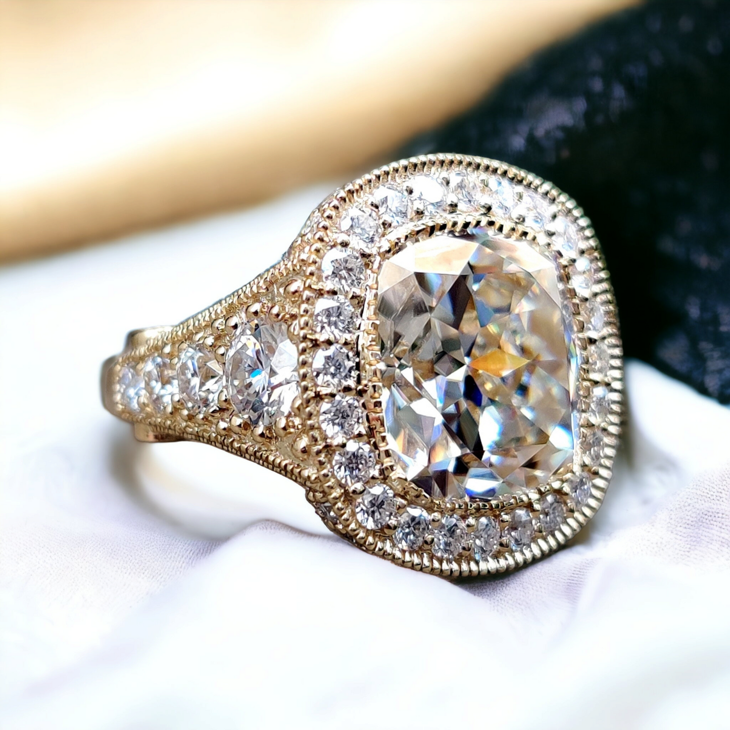 Vintage Halo Diamond Engagement Ring with Antique Cushion Cut and Crushed Ice Finish, Moissanite Ring