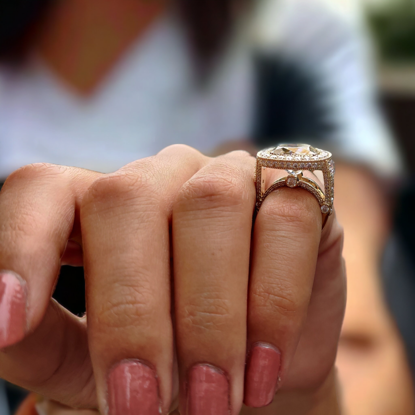 Vintage Halo Diamond Engagement Ring with Antique Cushion Cut and Crushed Ice Finish, Moissanite Ring