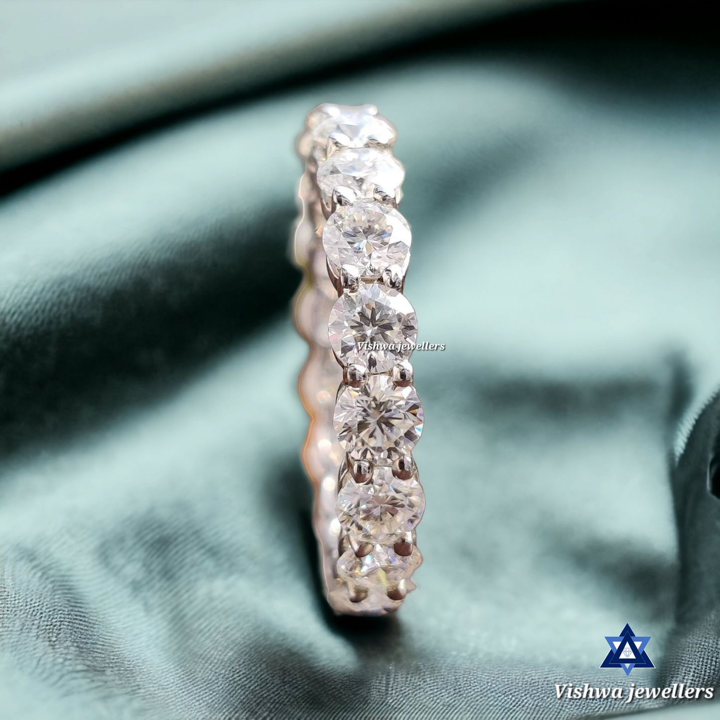 Round Moissanite Eternity Wedding Band Ring - Scalloped Pave Set