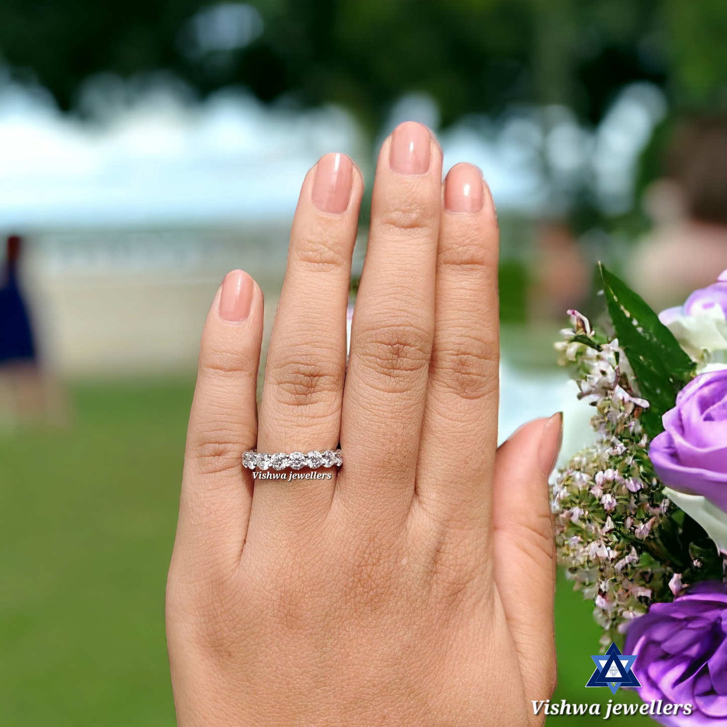 Round Moissanite Eternity Wedding Band Ring - Scalloped Pave Set