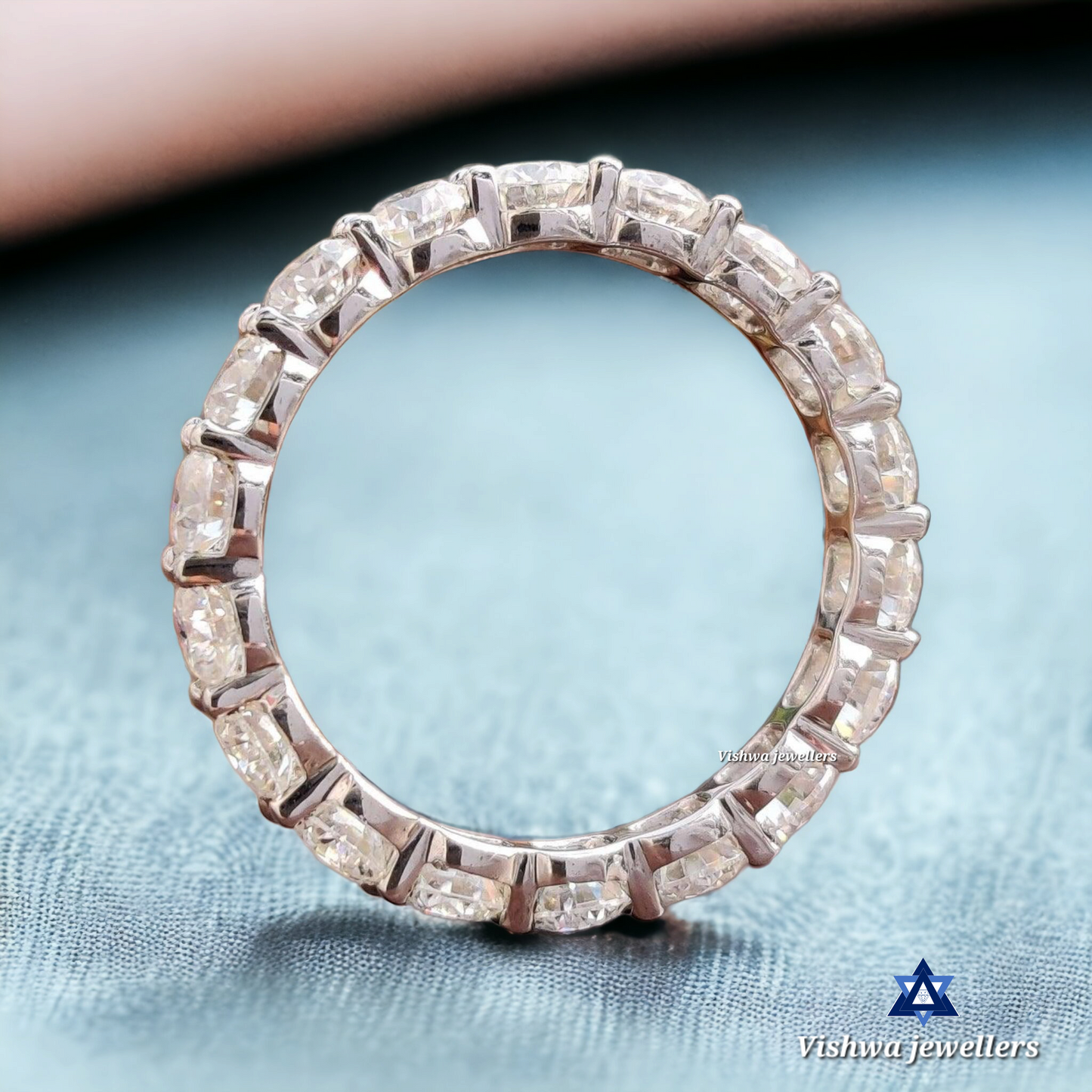 Round Moissanite Eternity Wedding Band Ring - Scalloped Pave Set