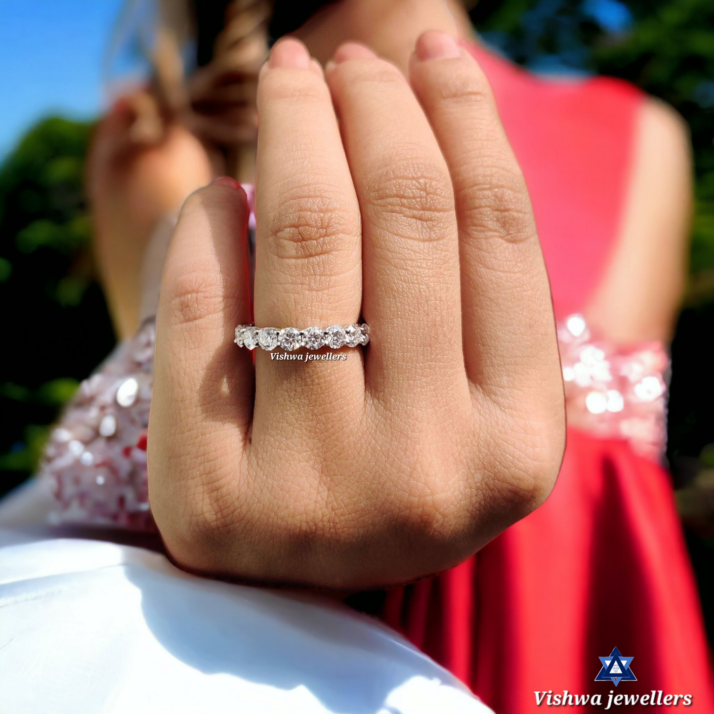 Round Moissanite Eternity Wedding Band Ring - Scalloped Pave Set