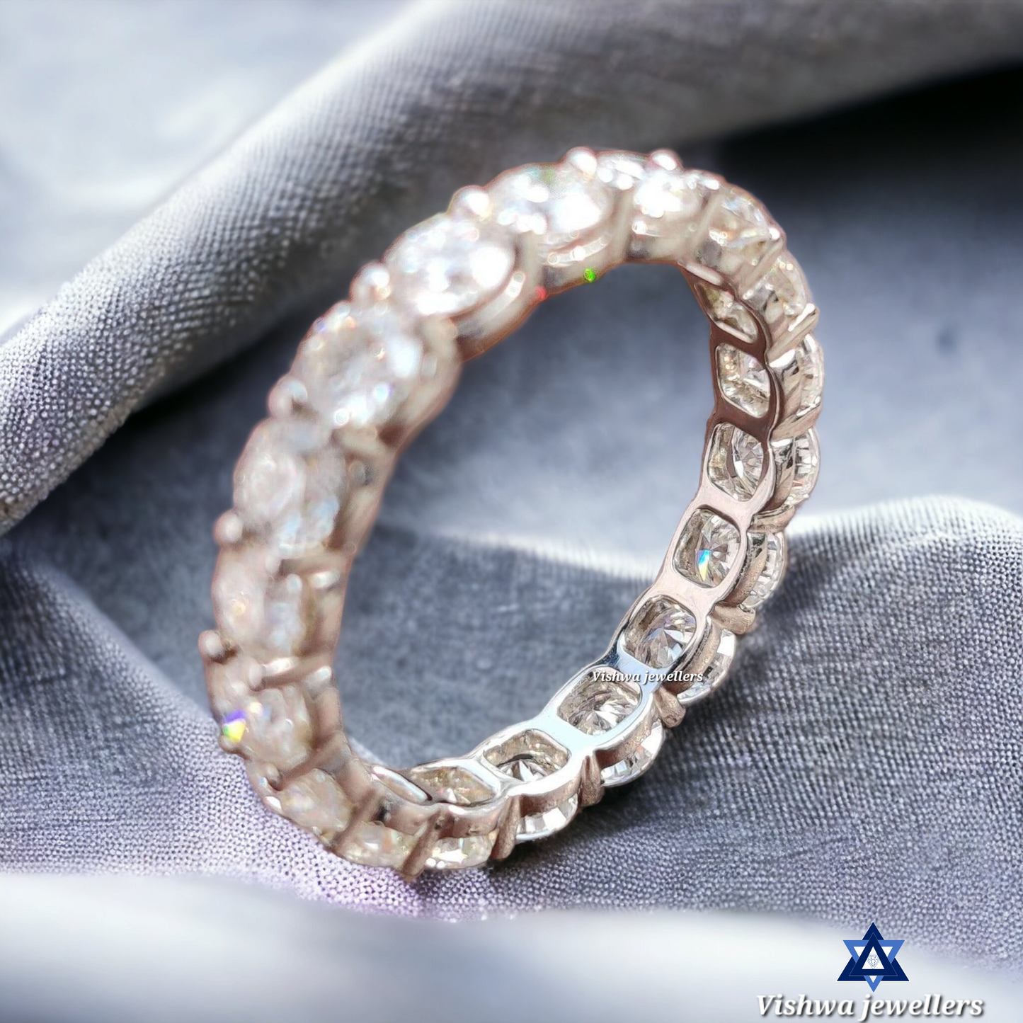 Round Moissanite Eternity Wedding Band Ring - Scalloped Pave Set