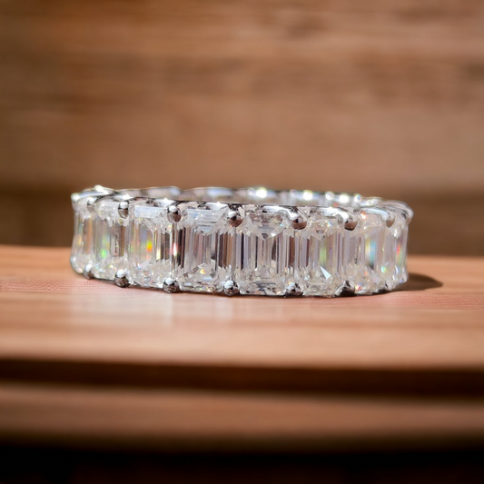 Emerald Cut Moissanite Eternity Ring with Unique Trellis Prong Setting