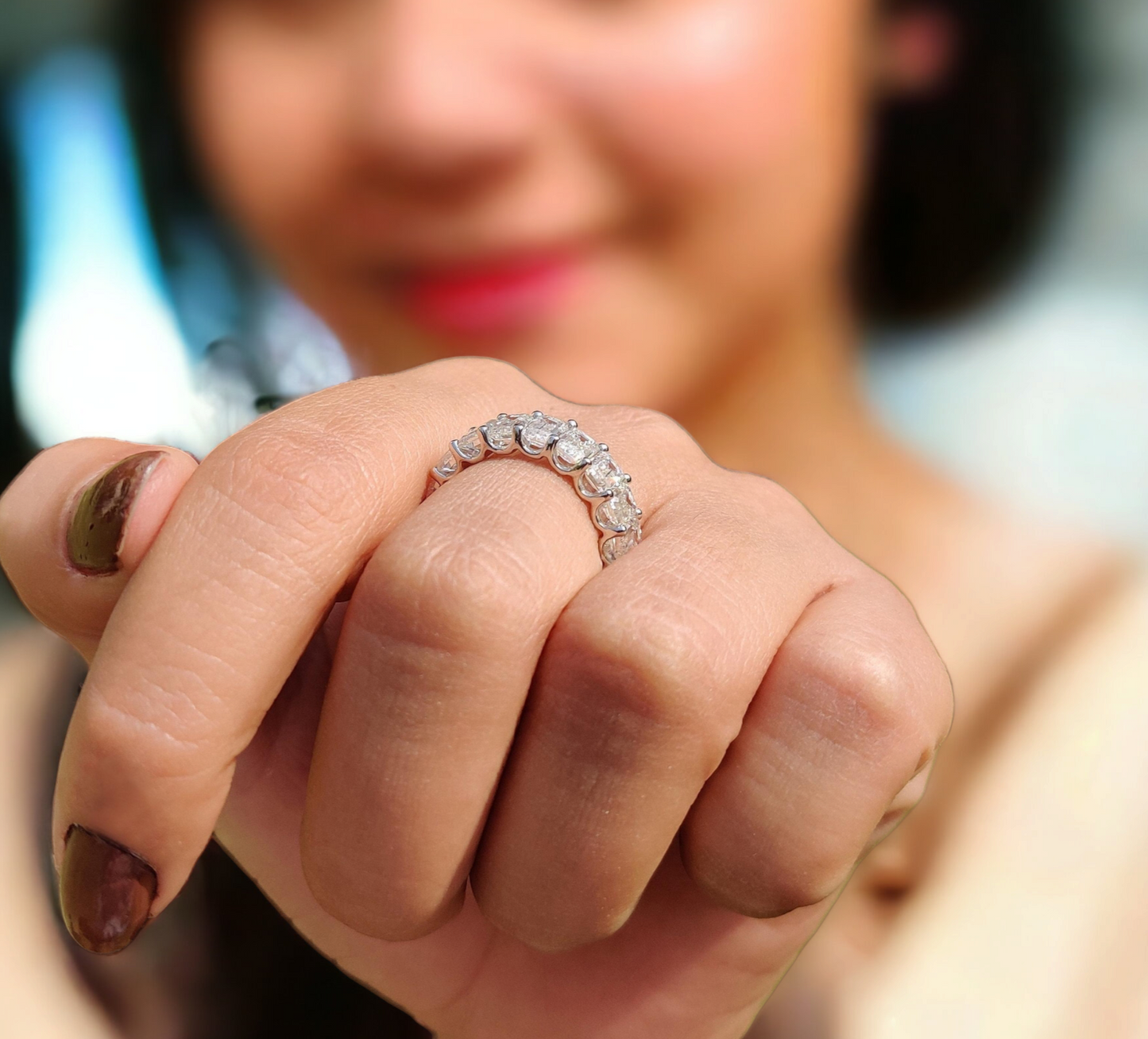 Emerald Cut Moissanite Eternity Ring with Unique Trellis Prong Setting