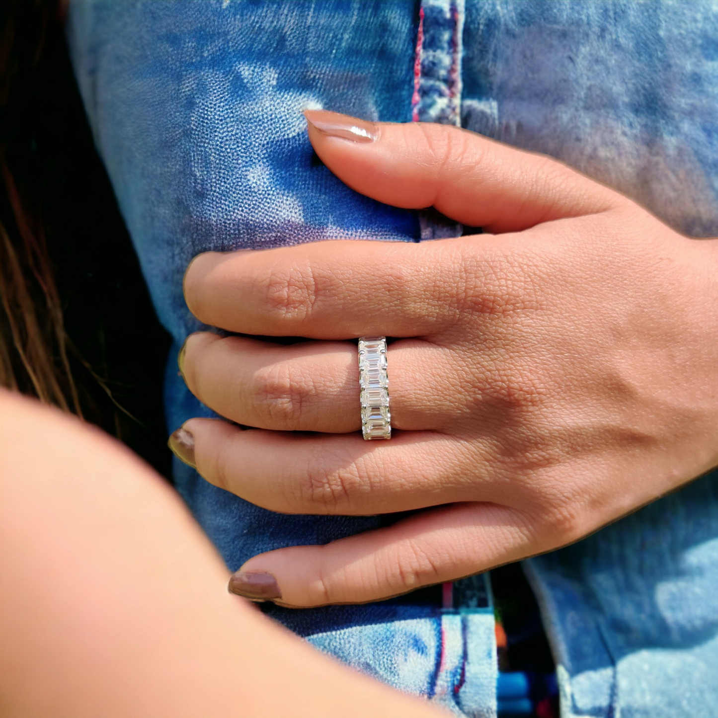 Emerald Cut Moissanite Eternity Ring with Unique Trellis Prong Setting