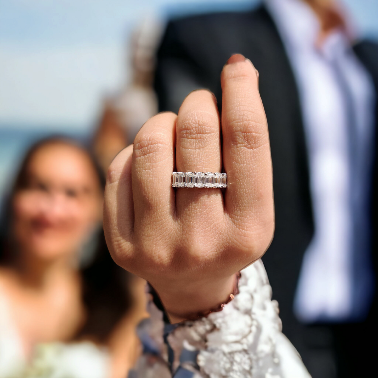 Emerald Cut Moissanite Eternity Ring with Unique Trellis Prong Setting