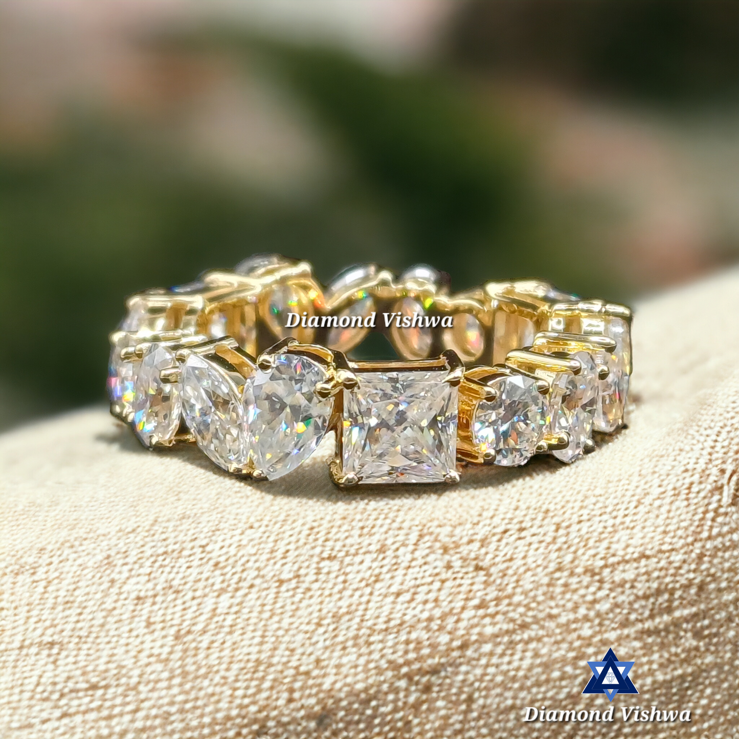 14k Gold Multi-Shape Moissanite Eternity Band - Pear, Emerald & Cushion Cut Gemstone Cluster Ring | Unique Diamond Alternative Anniversary/Wedding Ring for Her