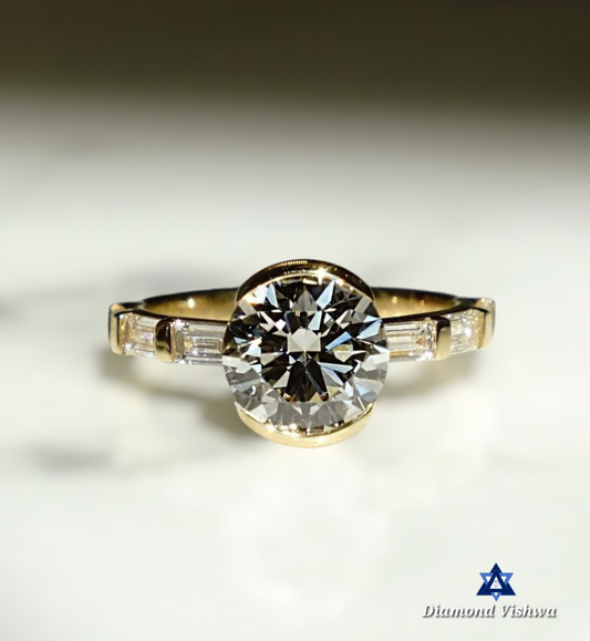 Stunning Moissanite Diamond Ring, Half Bezel Round Cut with Baguette Diamond Band, Perfect Engagement or Birthday Gift