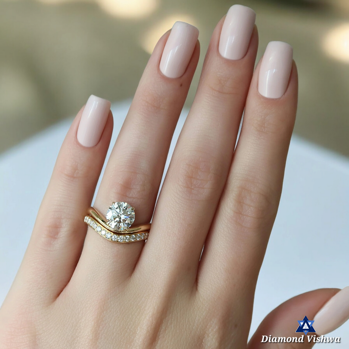 Round Lab Grown Diamond Solitaire Bridal Ring Set - Sparkling Curved Wave Design | Unique Solid Gold Wedding/Proposal/Anniversary Gift for Her