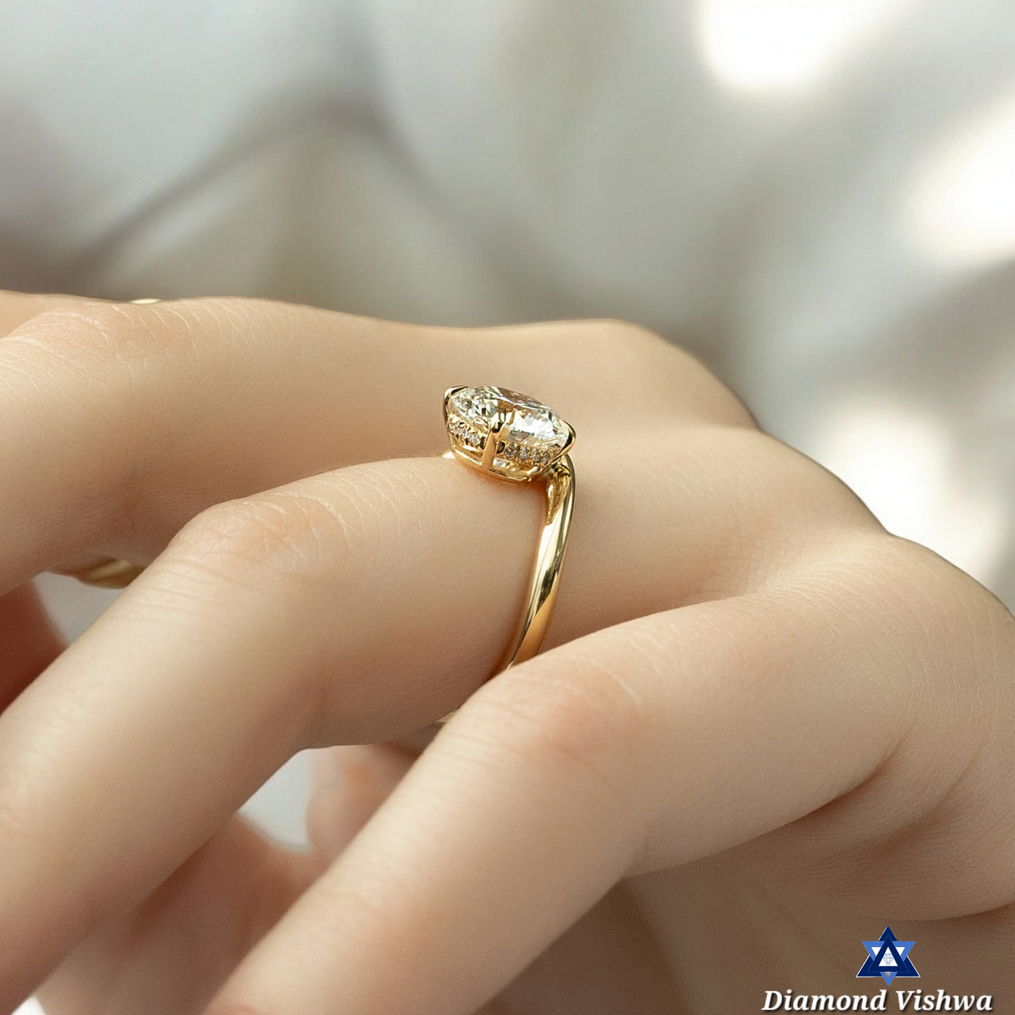 Round Lab Grown Diamond Solitaire Bridal Ring Set - Sparkling Curved Wave Design | Unique Solid Gold Wedding/Proposal/Anniversary Gift for Her