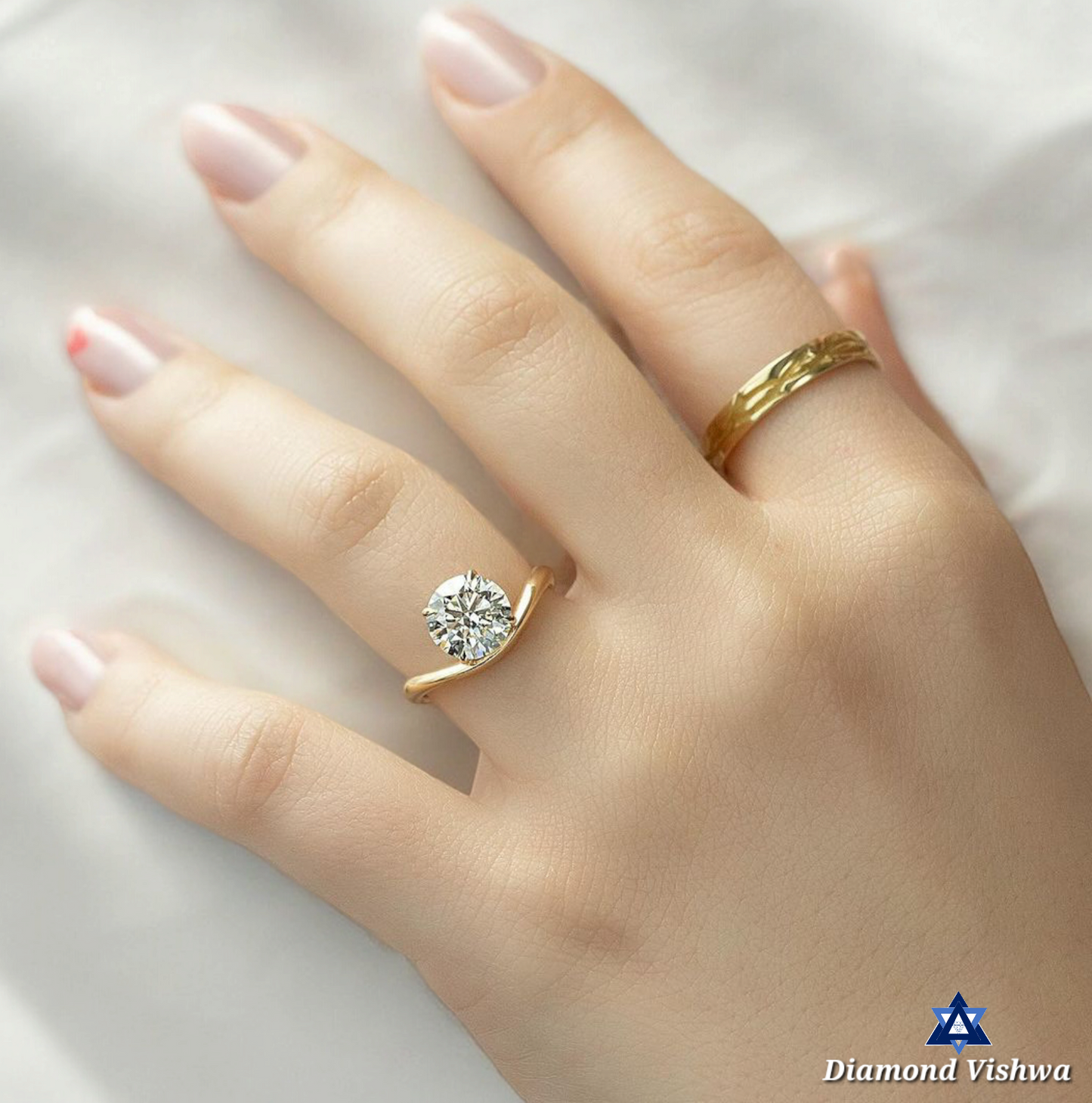 Round Lab Grown Diamond Solitaire Bridal Ring Set - Sparkling Curved Wave Design | Unique Solid Gold Wedding/Proposal/Anniversary Gift for Her